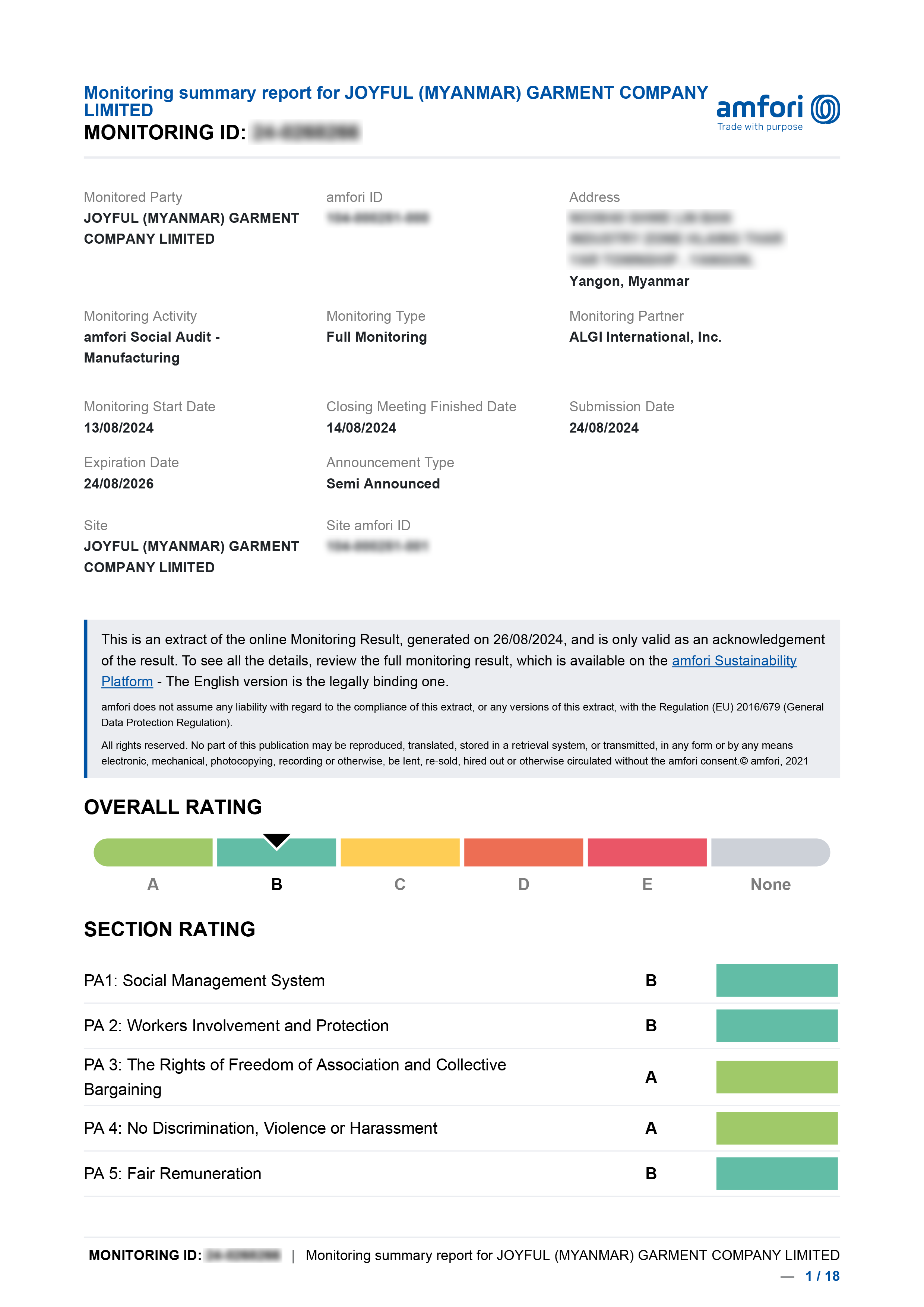 A monitoring report document titled 'Monitoring summary report for JOYFUL (MYANMAR) GARMENT COMPANY LIMITED'. It includes details such as monitoring ID, monitored party, company address, activity, type, and dates. The report features sections with overall ratings, section ratings, and a note about the report's source and legal disclaimer.