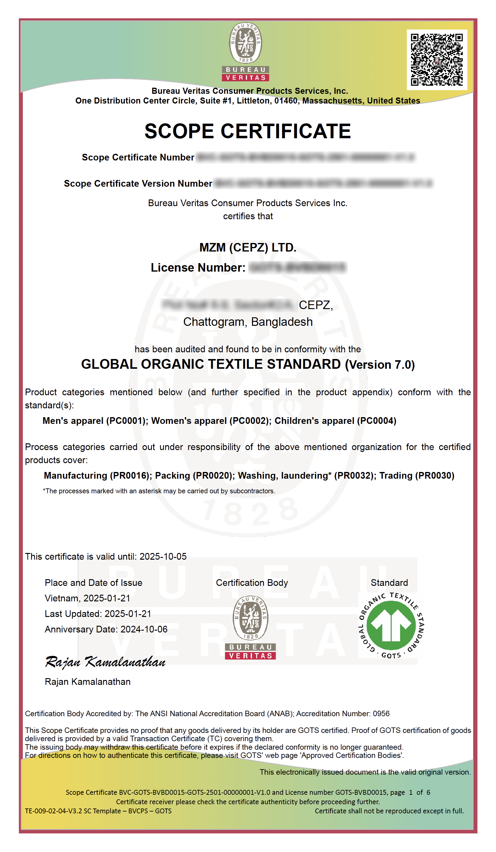 Bureau Veritas scope certificate for MZM (CEZ) LTD, certifying conformance to the Global Organic Textile Standard (GOTS) version 7.0, issued in Bangladesh, with details on product categories and manufacturing processes, and a QR code in the top right corner.