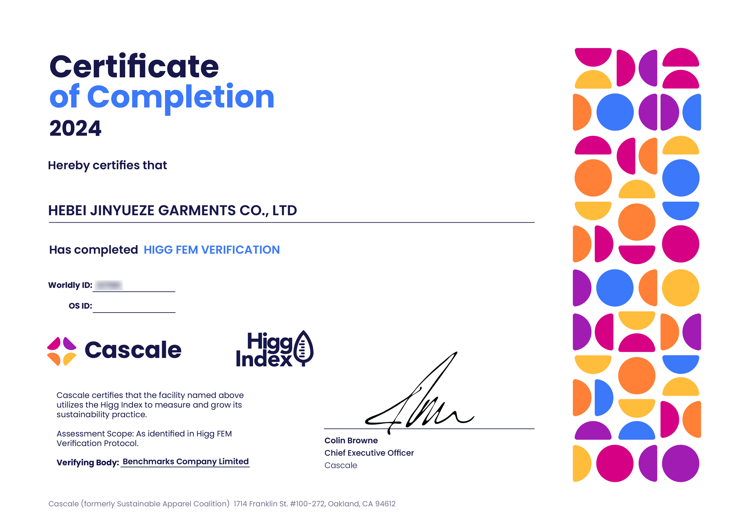 Certificate of completion for Hebei Jinyueze Garments Co., Ltd. indicating successful Higg FEM verification, signed by Colin Browne, Chief Executive Officer of Cascale, with colorful geometric pattern on right side.