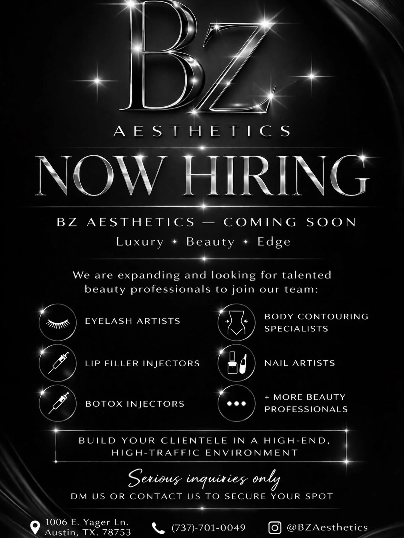 We&rsquo;re opening soon ✨ BZ Aesthetics is NOW HIRING

Looking for lash artists, nail techs, cosmetic injectors, body contouring specialists + more 💉💋

Grow your clientele in a luxury, high-traffic space.

Serious inquiries only &mdash; DM us to s