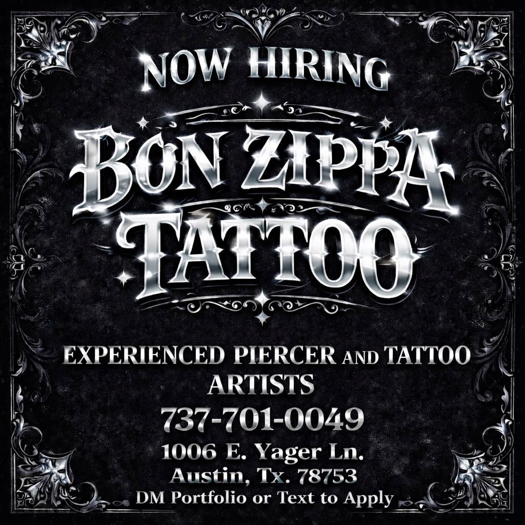 🚨 NOW HIRING 🚨
Looking for experienced tattoo artists &amp; piercers to join the team at Bon Zippa Tattoo 🖤🔥

We offer BOTH private studio vibes 🕯️ and walk-in studio options ⚡️ &mdash; giving artists the freedom to work their style their way.


