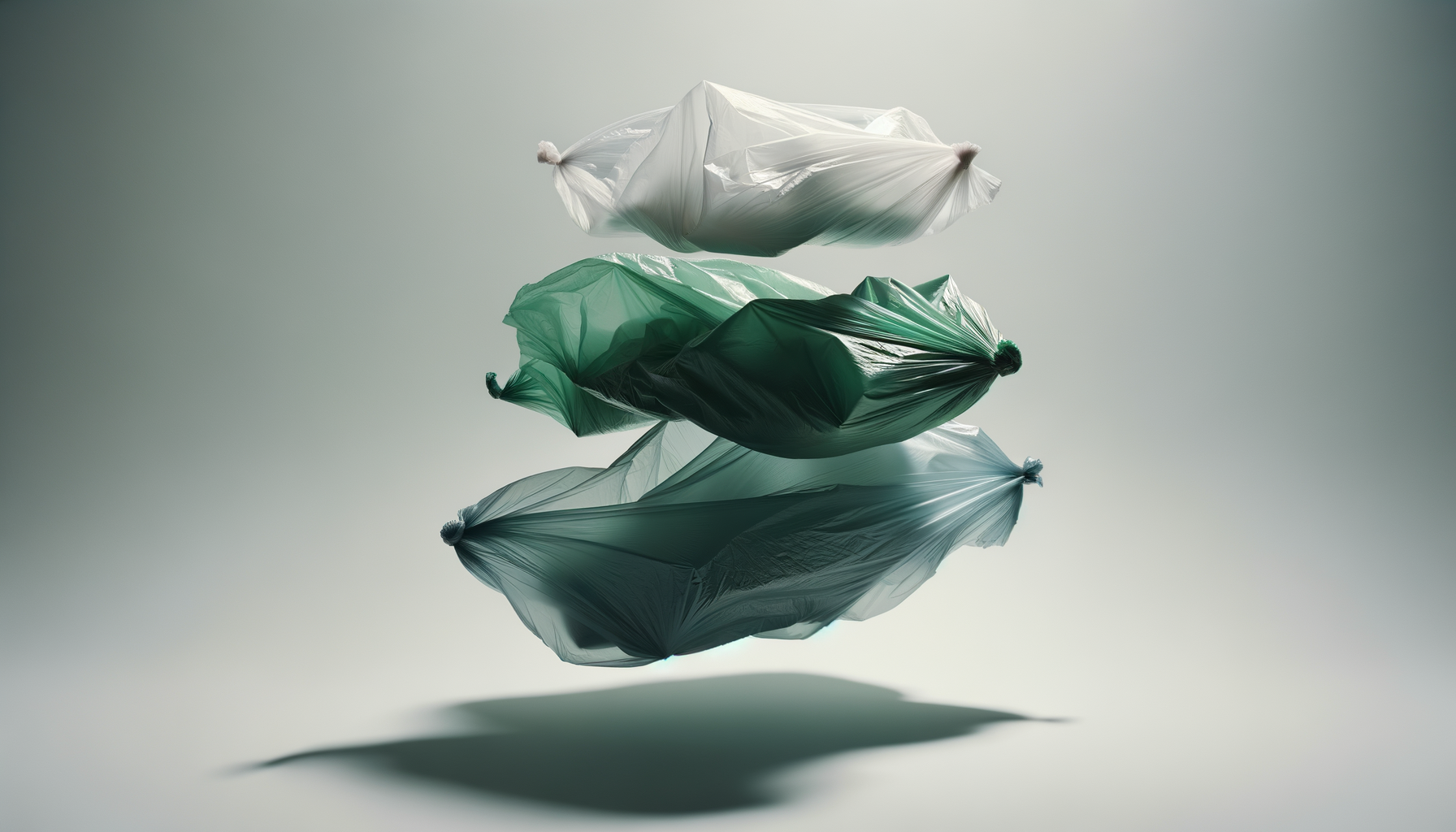 Four plastic bags, in white, green, and blue colors, are floating and casting shadows on a plain background.