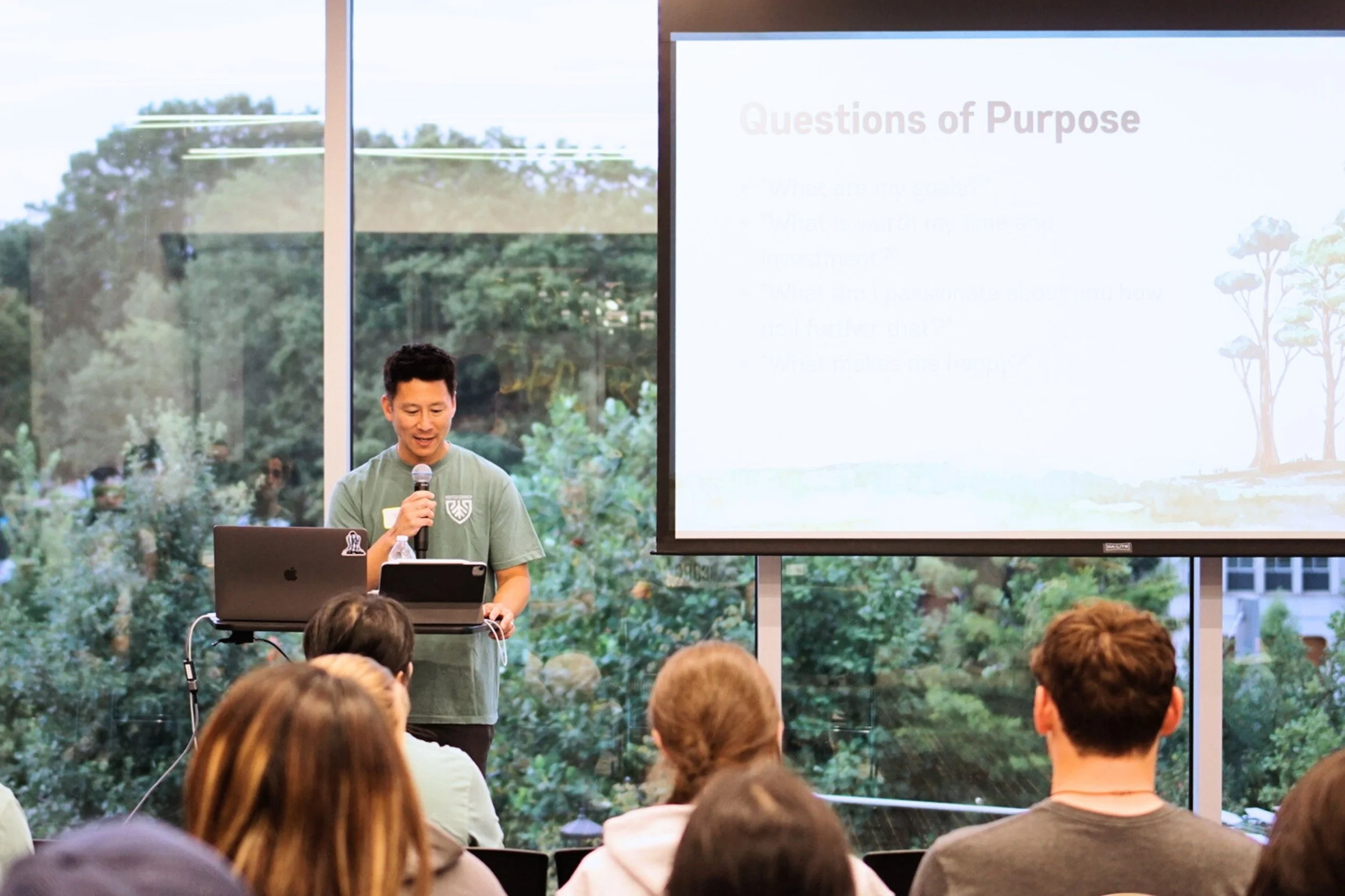 A man teaching a classroom full of Georgia Tech to think about Questions of Purpose