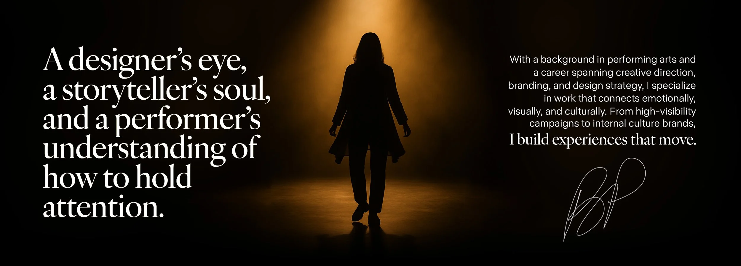 Silhouette of Brittany Price standing in a spotlight on a bare stage with text about storytelling, design, and emotional connection.