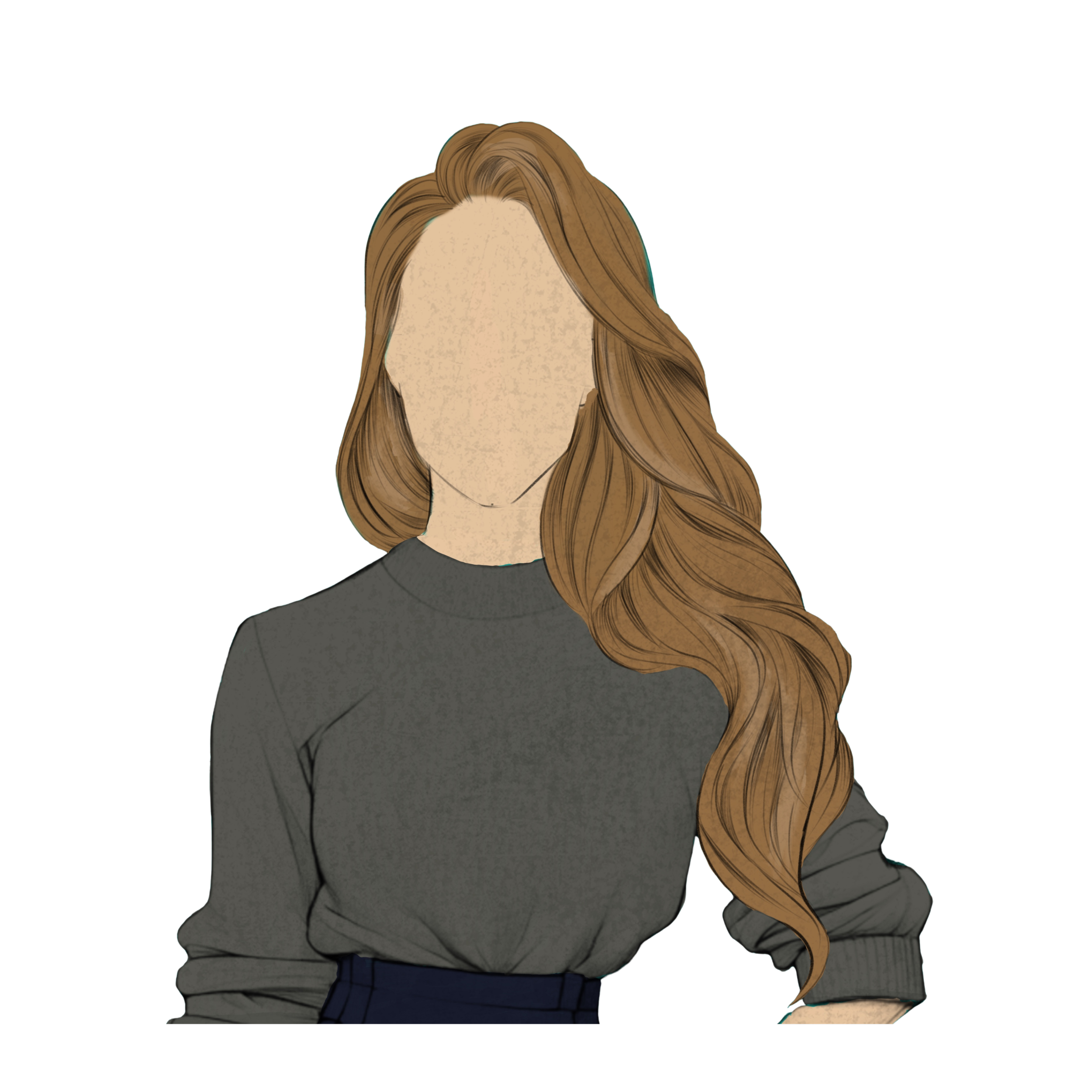 Digital illustration of sable, a woman with long wavy hair wearing a dark gray long-sleeve shirt. The woman’s face is not detailed and appears faceless.