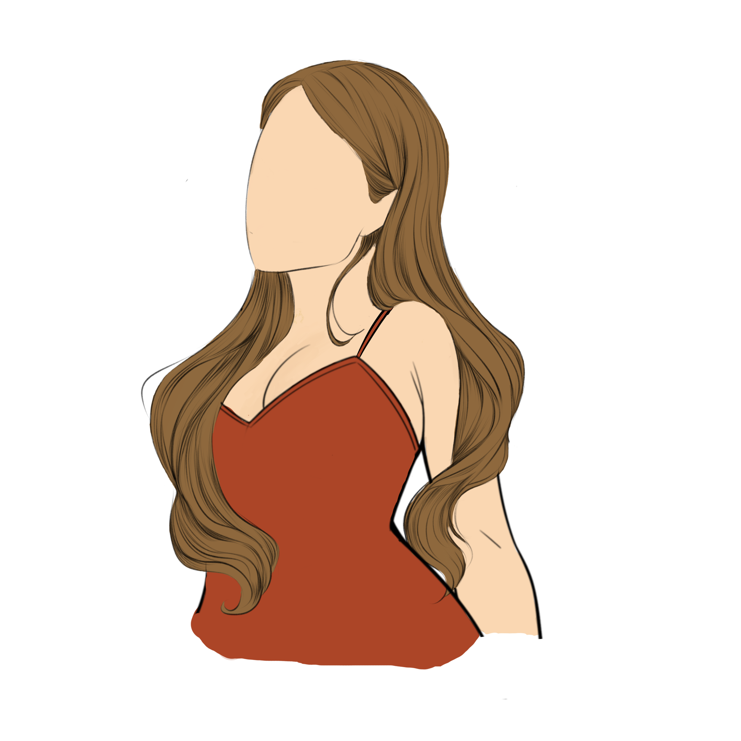 drawing of AUTHOR SABLE SHADOW. Blond hair, faceless drawing. Looking off to the left. She is drawn wearing a burnt orange tank top.