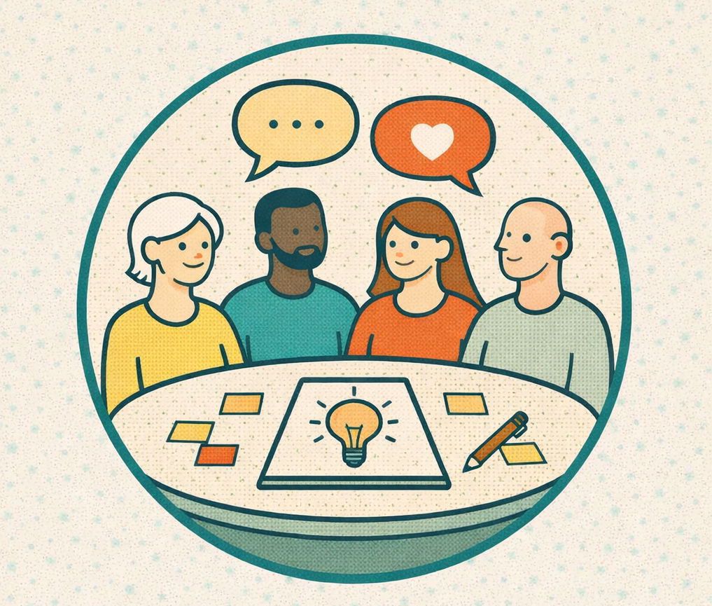Four diverse people having a discussion around a table with sticky notes, a notepad with a light bulb drawing, and a pencil. Two speech bubbles above them contain a message icon and a heart icon, indicating communication and shared ideas.