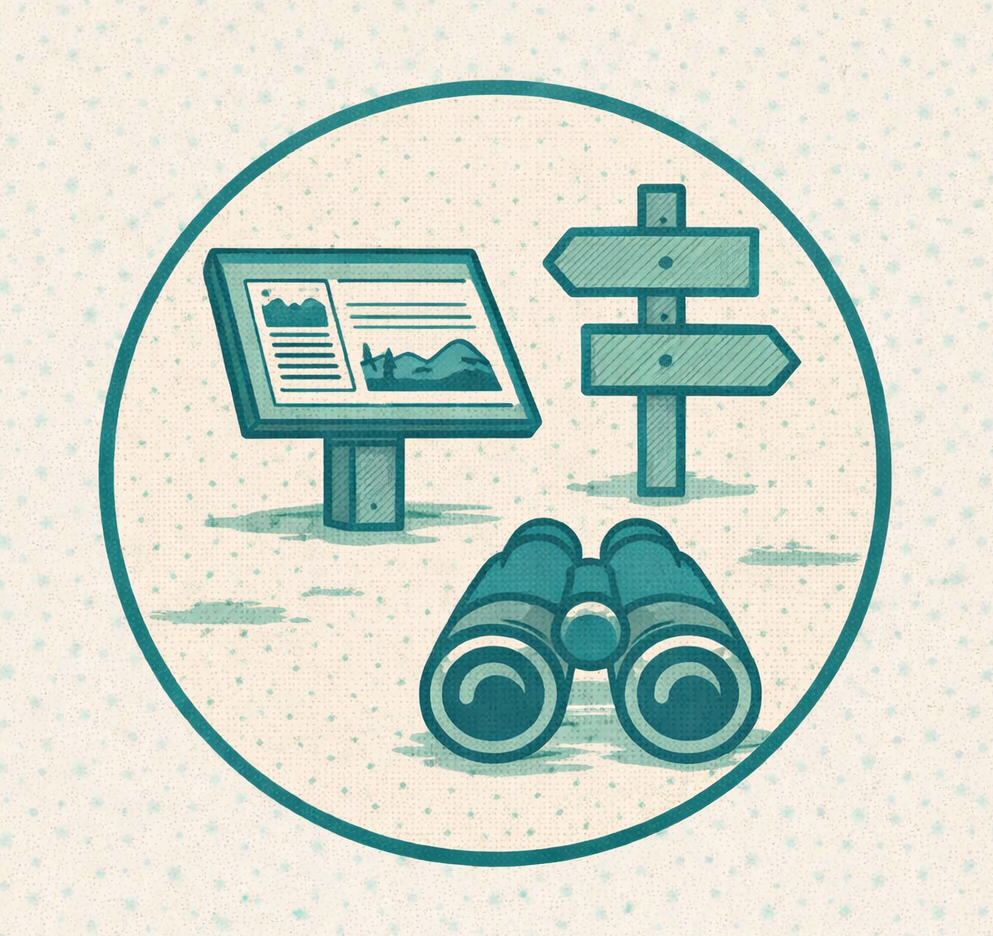 Illustration of binoculars, a signpost with directional arrows, and an information board with a mountain and lake scene, all enclosed in a circle.