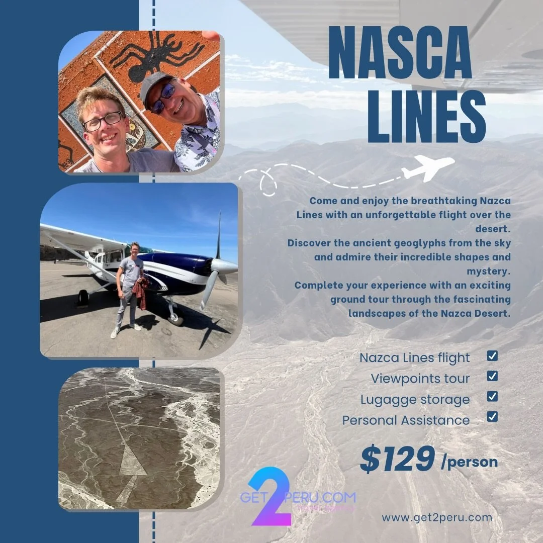 ✈️✨ Come discover the Nazca Lines with us! ✨✈️
Enjoy a once-in-a-lifetime experience flying over the mysterious Nazca geoglyphs and exploring Nazca by land in total comfort and safety.
🌟 Our tour includes:
✔️ Flight over the Nazca Lines
✔️ Land tour