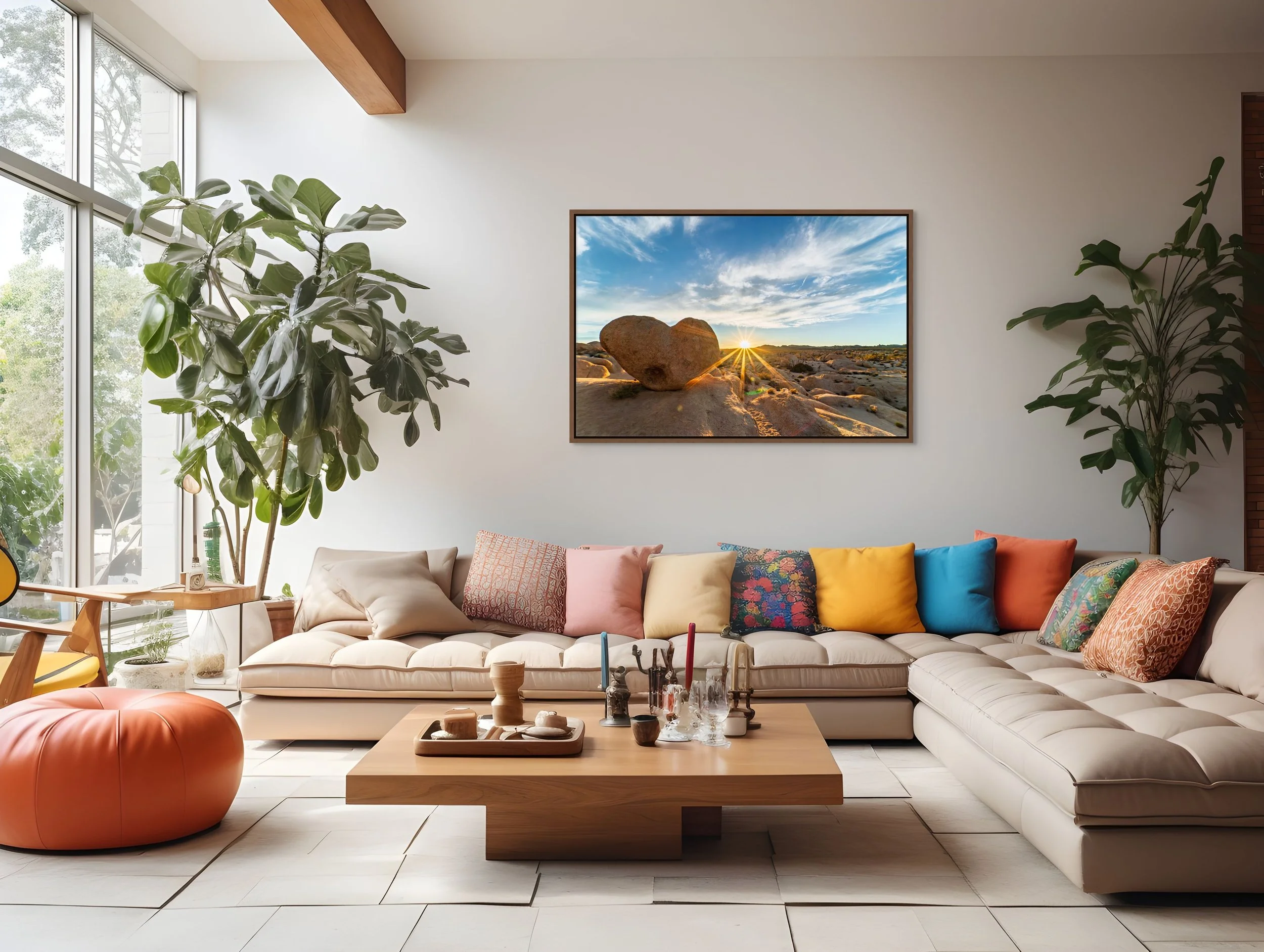 Heart of Gold — heart-shaped boulder at sunset, framed in walnut floating wood frame in a sunlit lounge with plants.