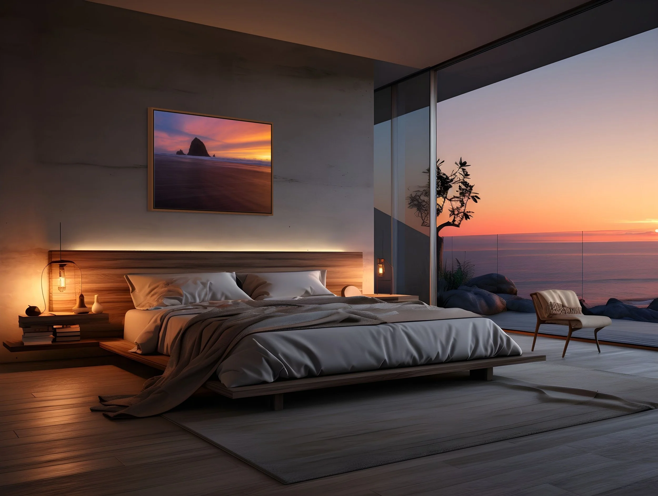 Dusk in Motion in a floating Alder Brown frame above a serene bedroom with floor-to-ceiling windows and coastal sunset view.