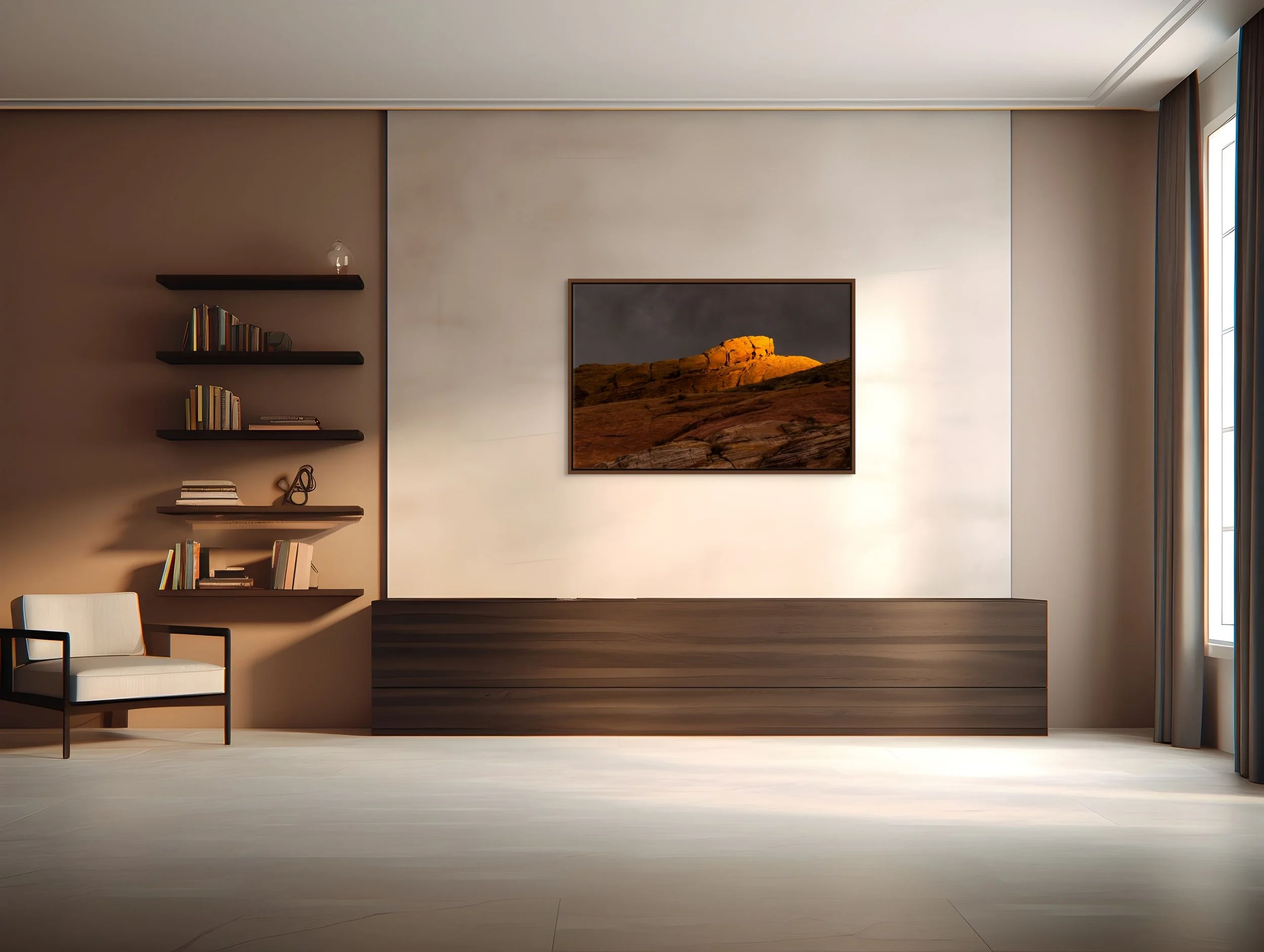 Where Light Lingers, floating Alder Brown frame, hanging in a warm minimalist living room with wall shelves, console, and soft window light.