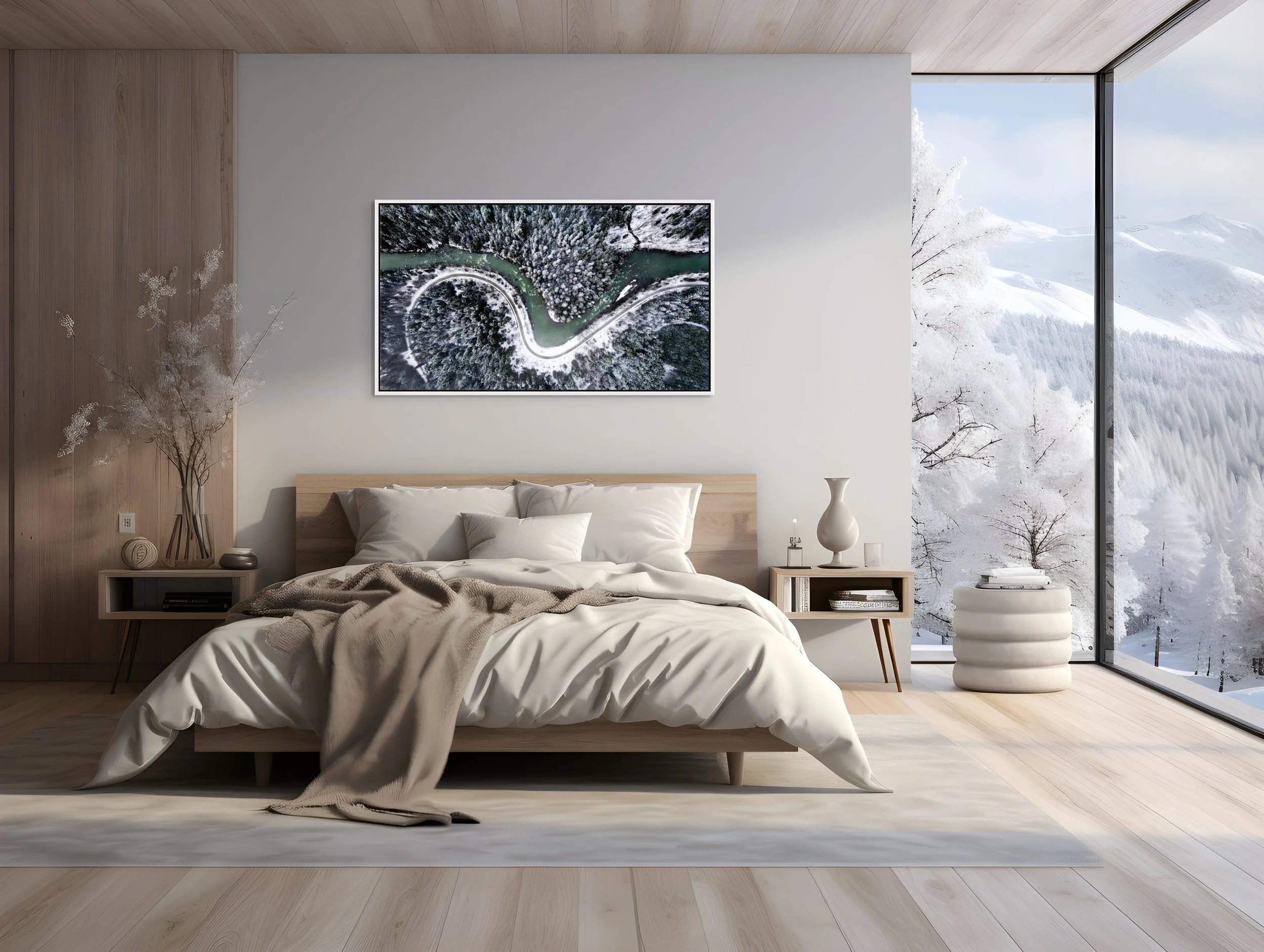 The Hidden Curve, floating White frame, featured in a bright bedroom with mountain view and neutral tones.