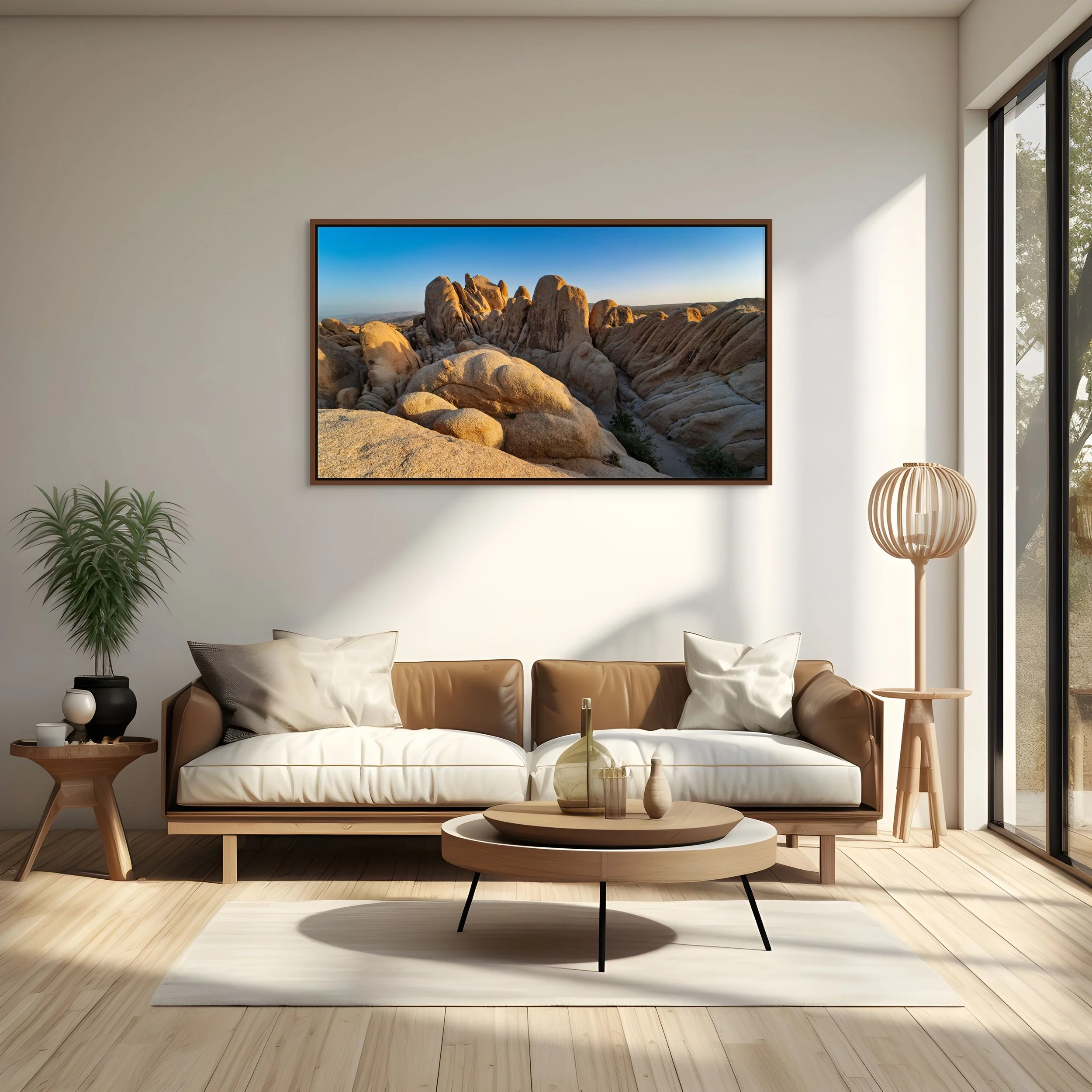 Stone Waves — sculpted granite ridges at sunrise; alder brown floating wood frame above a modern sofa in a sunlit living room.