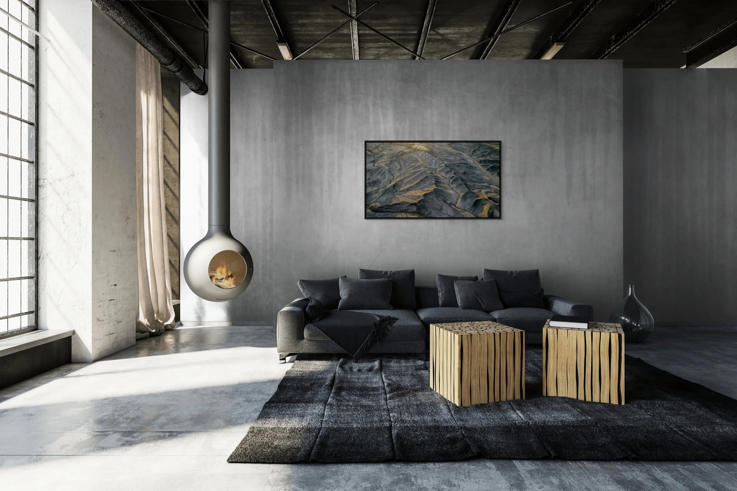 Erosion Lines in a floating black frame, hanging in an industrial living room with charcoal sofa and concrete walls.