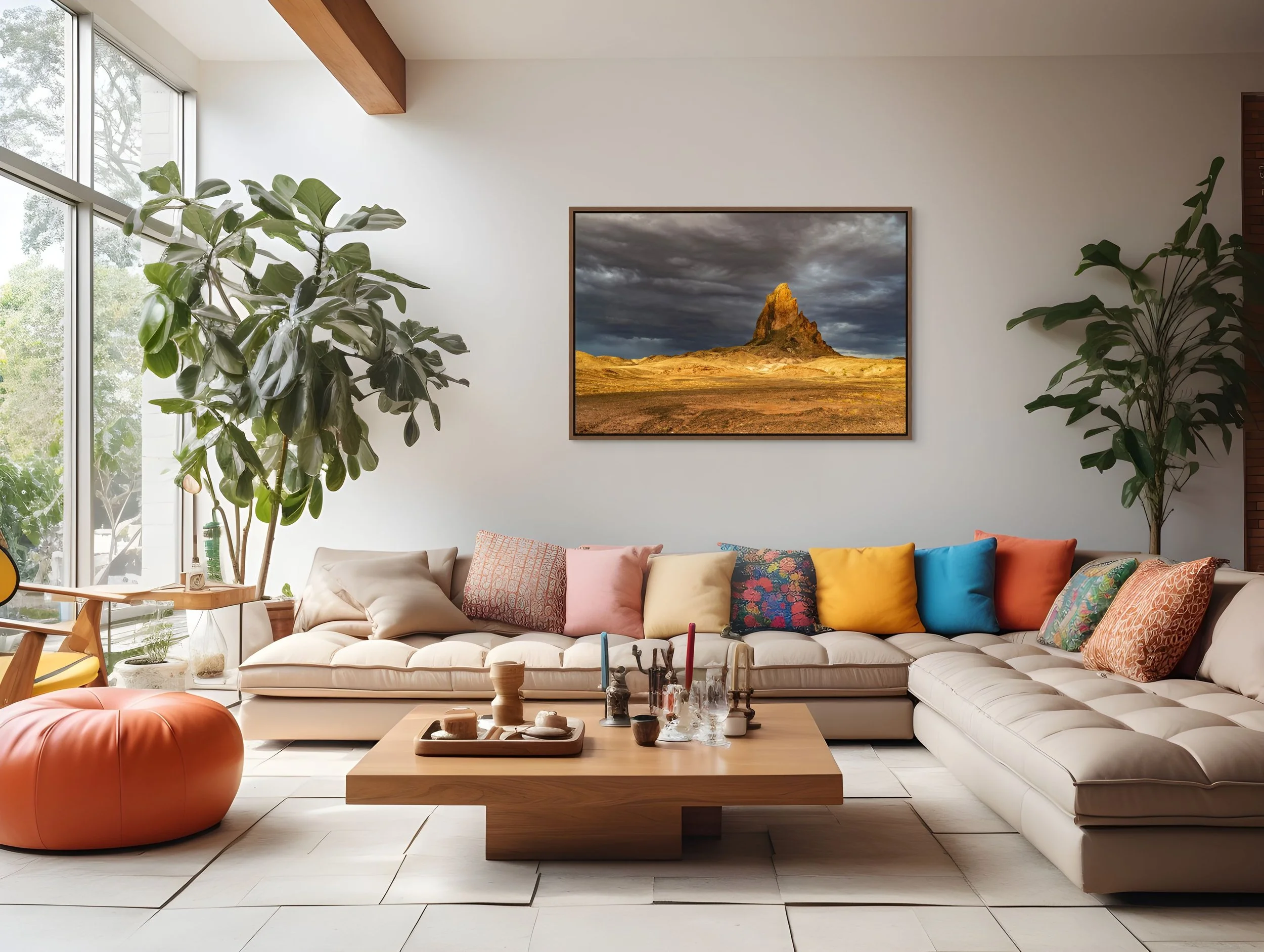 Sentinel of Stone in a floating Walnut frame, styled in an airy living room with tan sofa, plants, and warm daylight.