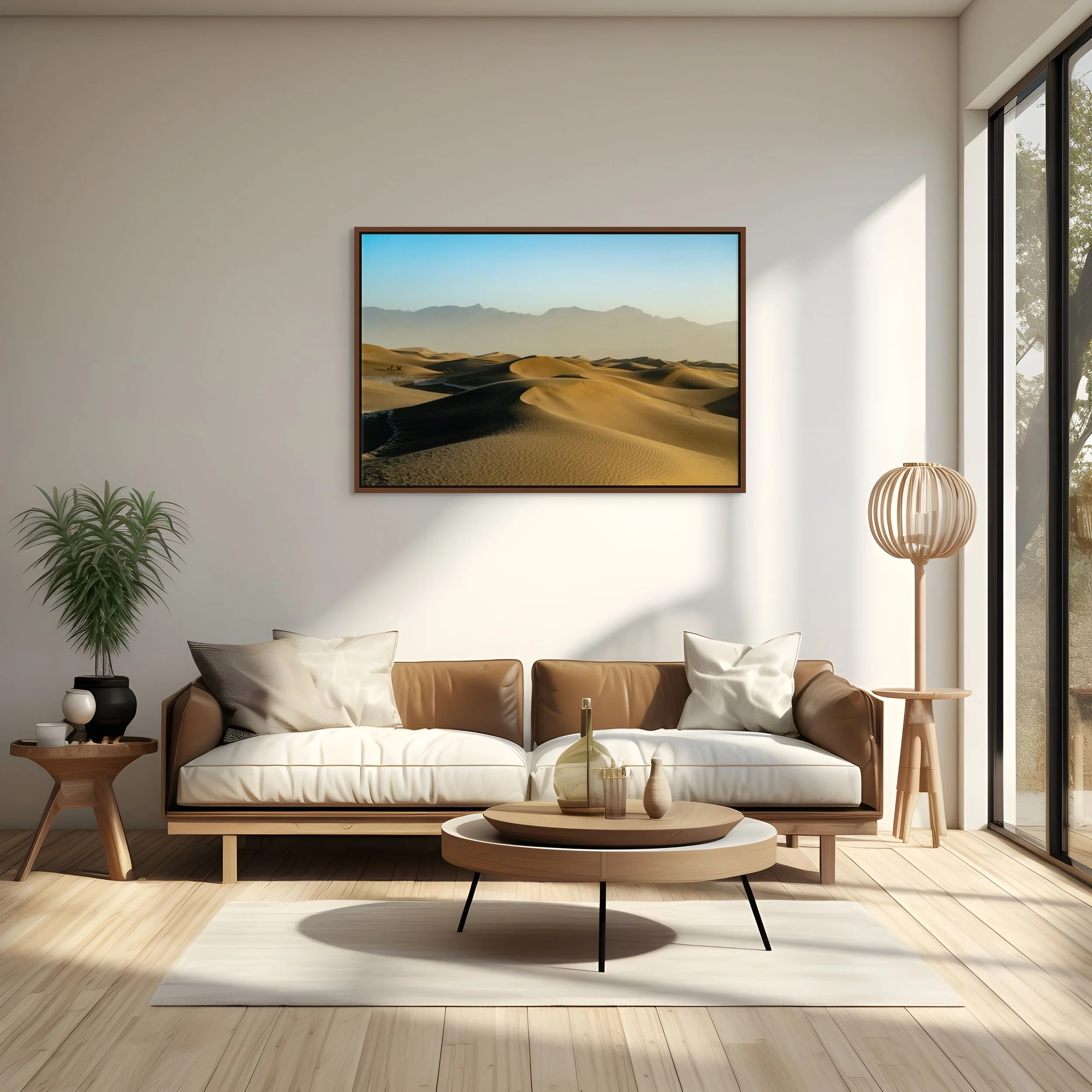 Where Shadows Rest — golden dunes at sunrise, framed in alder brown floating wood frame above a warm mid-century sofa and round coffee table in a bright living room.
