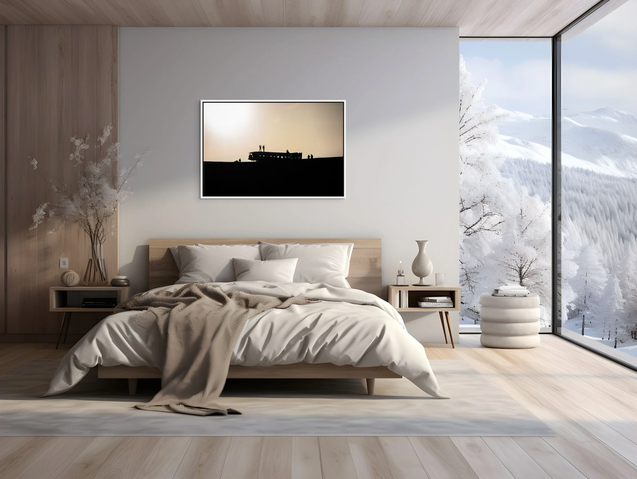 Echoes in the Wreck — DC-3 wreck silhouettes on Iceland’s black-sand plain; framed in white floating wood frame in a serene bedroom with floor-to-ceiling window and winter mountain view.