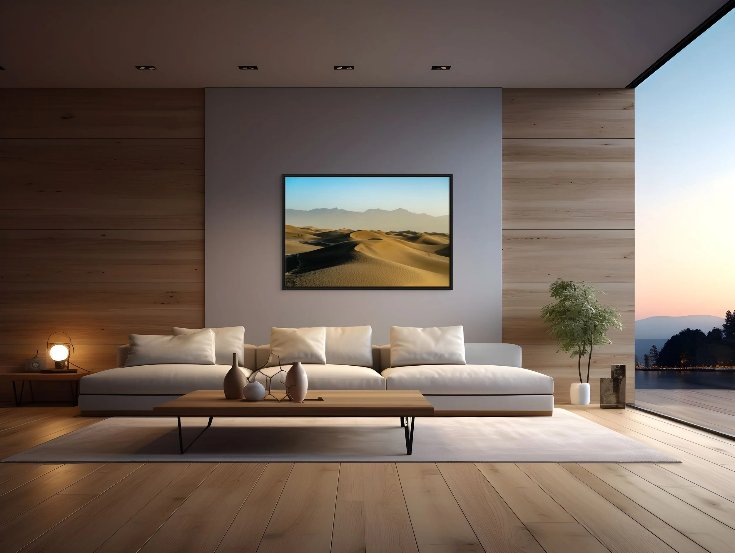 Where Shadows Rest — golden dunes at sunrise, framed in black floating wood frame above a low platform bed against a wood-paneled feature wall at sunset.