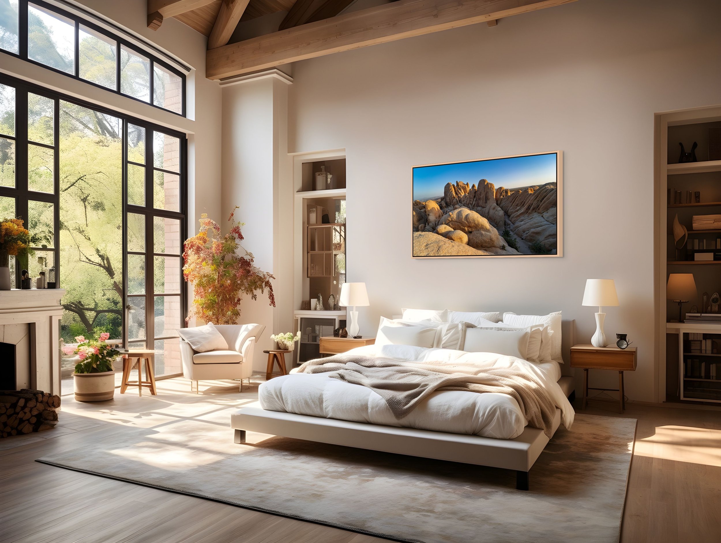 Stone Waves — sculpted granite ridges at sunrise; natural oak floating wood frame above a bed in a warm, wood-beamed bedroom.
