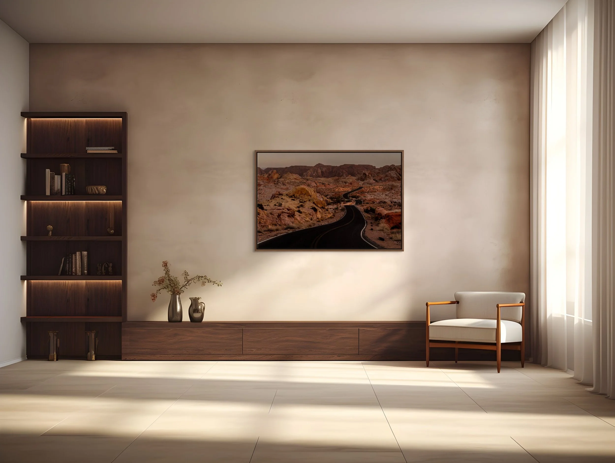 Beyond the Bend — framed in walnut floating wood frame in a cozy library-style living room with built-ins and warm light.