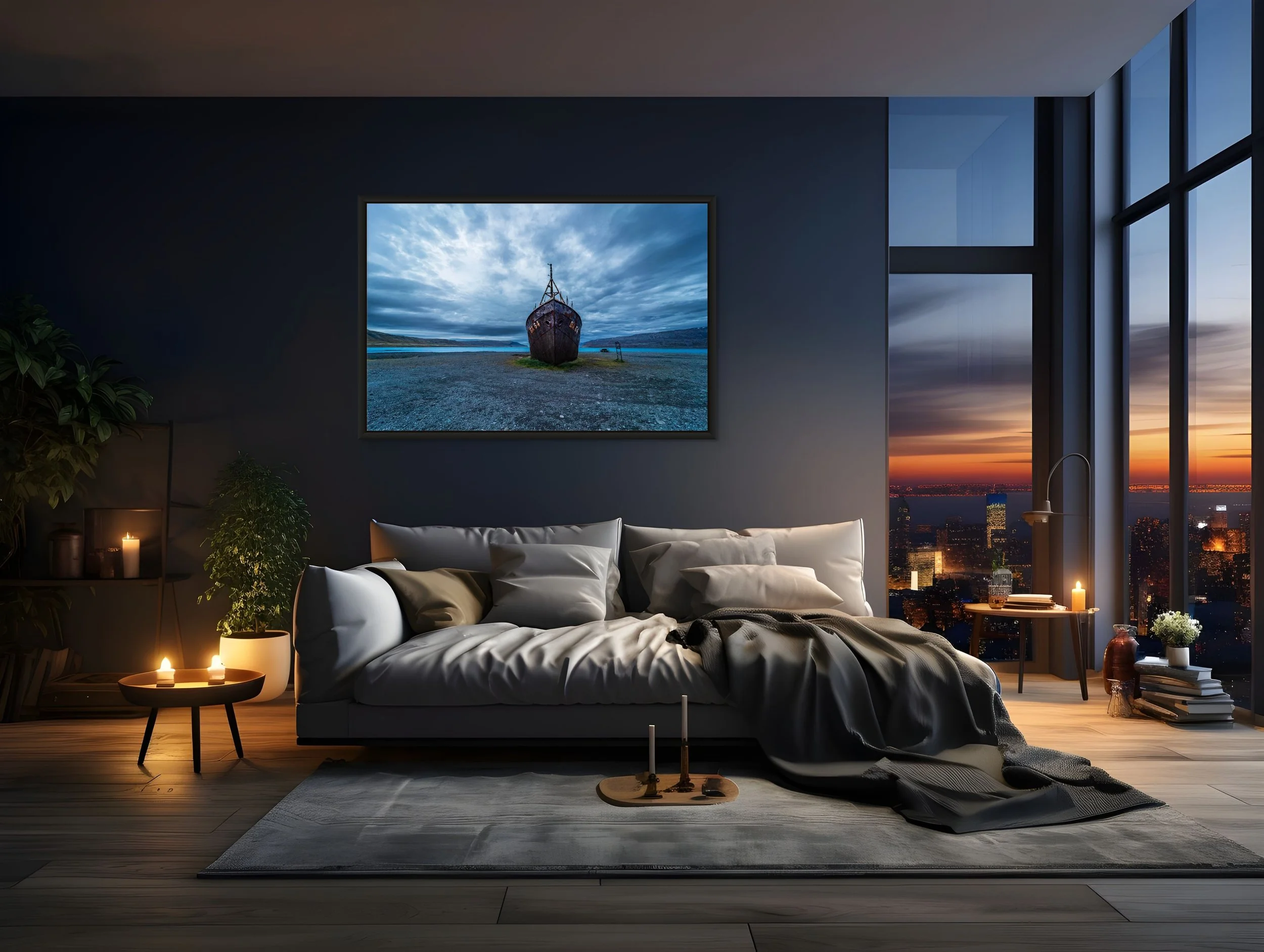 The Last Voyage in a black floating frame above a moody bedroom with floor-to-ceiling windows and evening light.