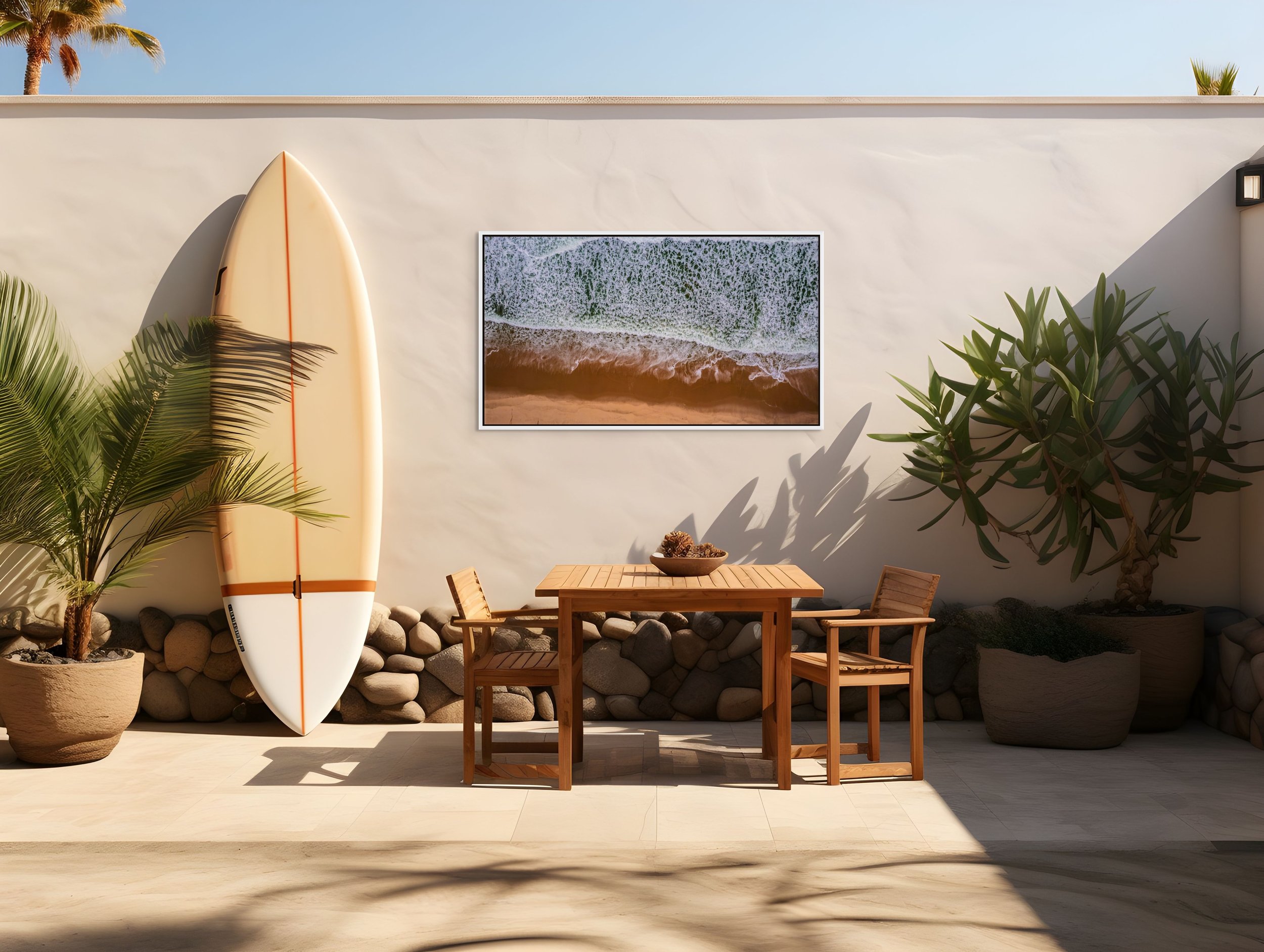 Atlantic Lace in a floating White frame, presented outdoors on a stucco wall beside a surfboard and patio seating.