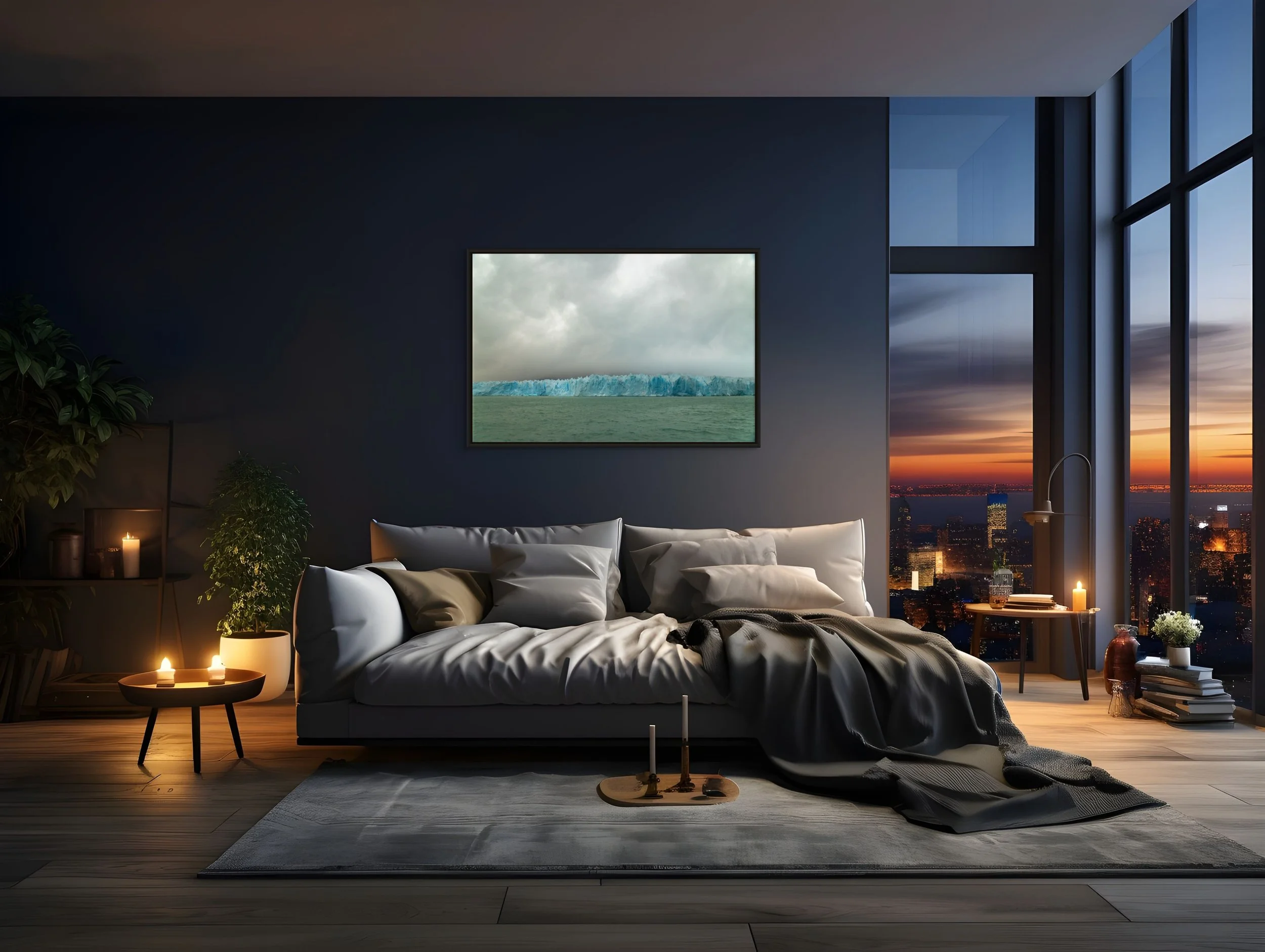 Ice Holds Memory in a floating Black frame, styled above a moody bedroom with floor-to-ceiling windows and evening city glow.