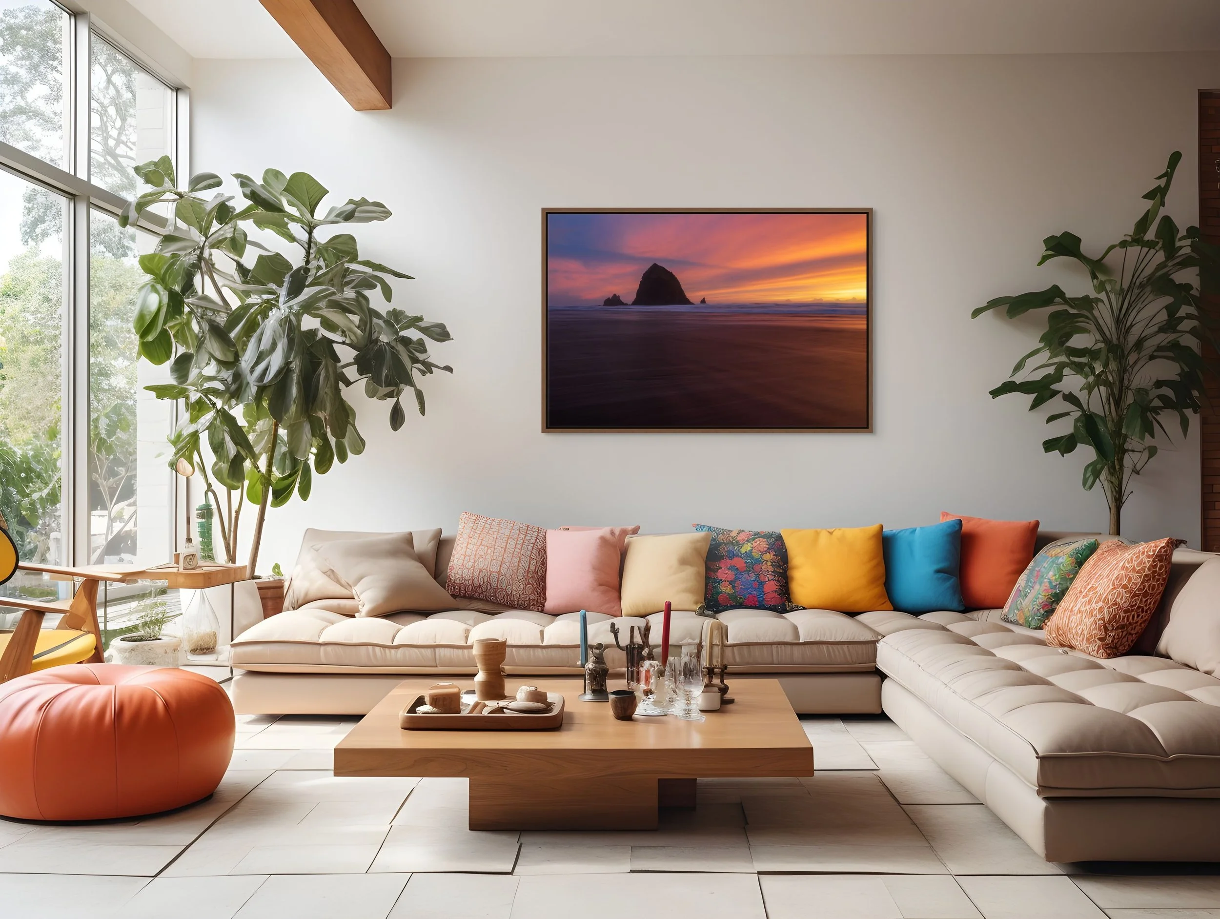 Dusk in Motion in a floating Walnut frame, displayed in a sunlit living room with plants and colorful cushions.