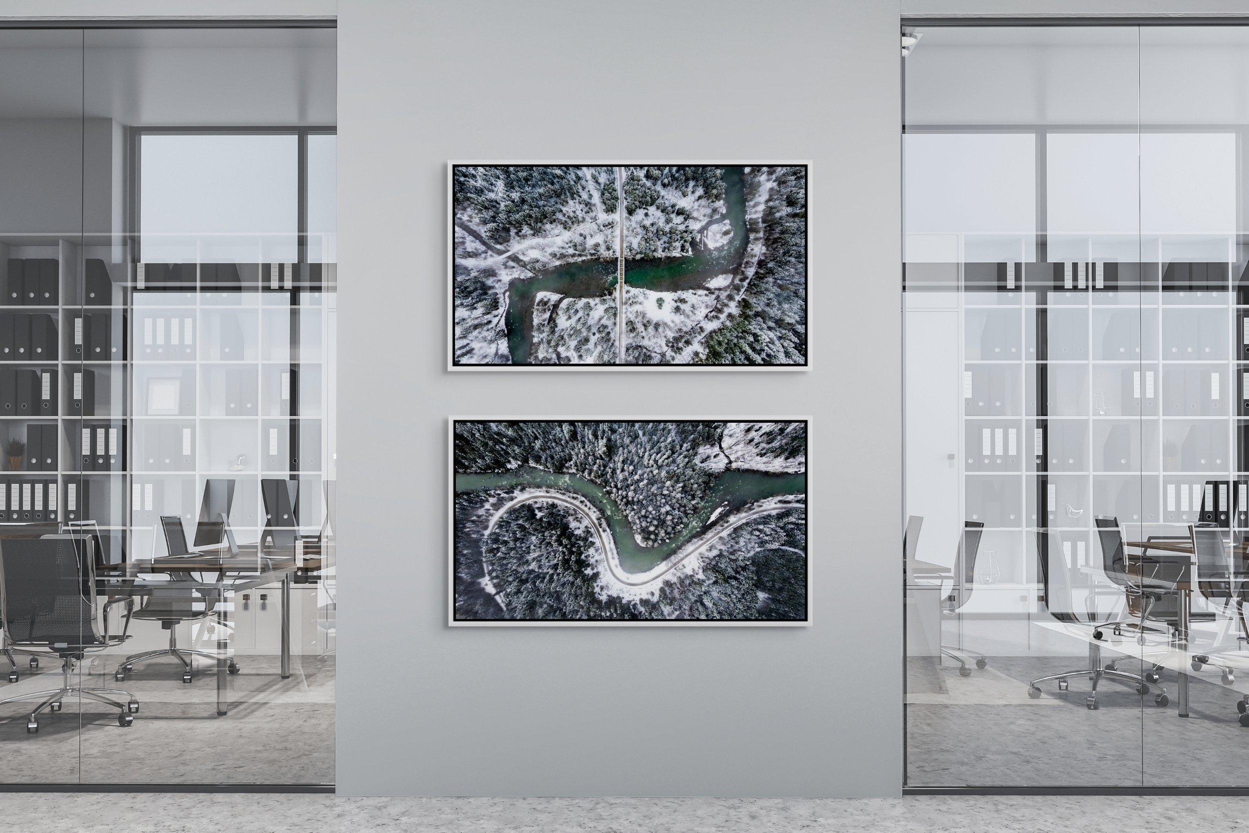 The Hidden Curve and The Hidden Crossing shown as a vertical pair, framed in White floating frames on a modern office wall.