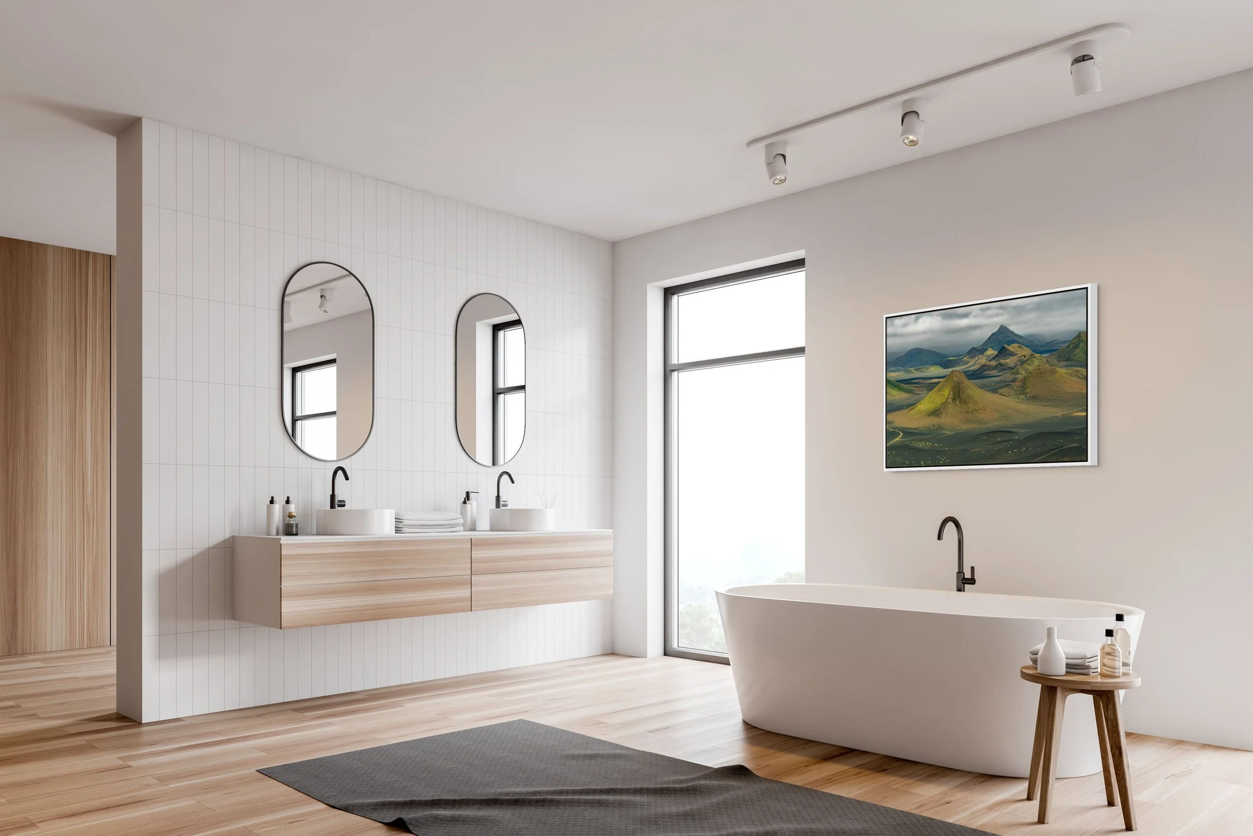 Where Earth Dreams in a floating White frame, shown in a serene bath suite with large mirrors and warm daylight.