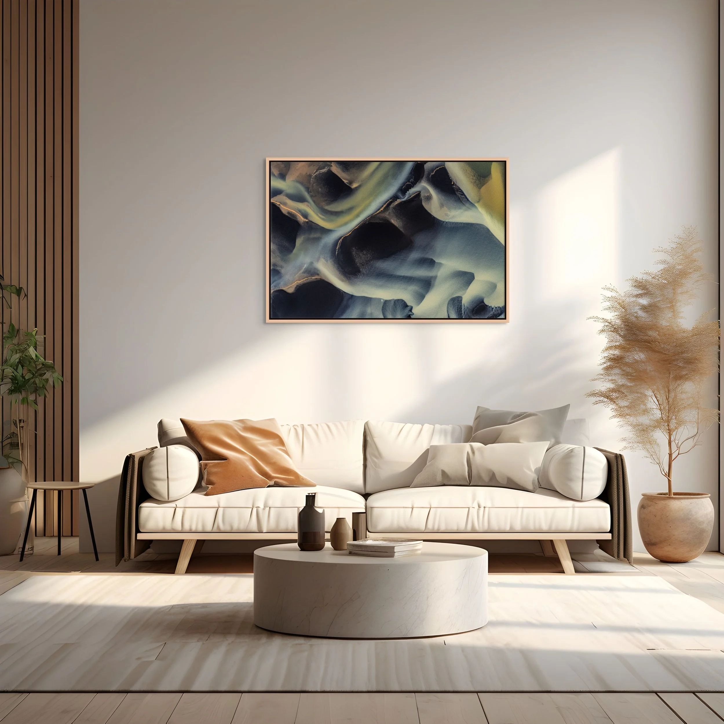 Framed in Natural Oak — River of Shadows in a bright living room with cream sofa and soft daylight.