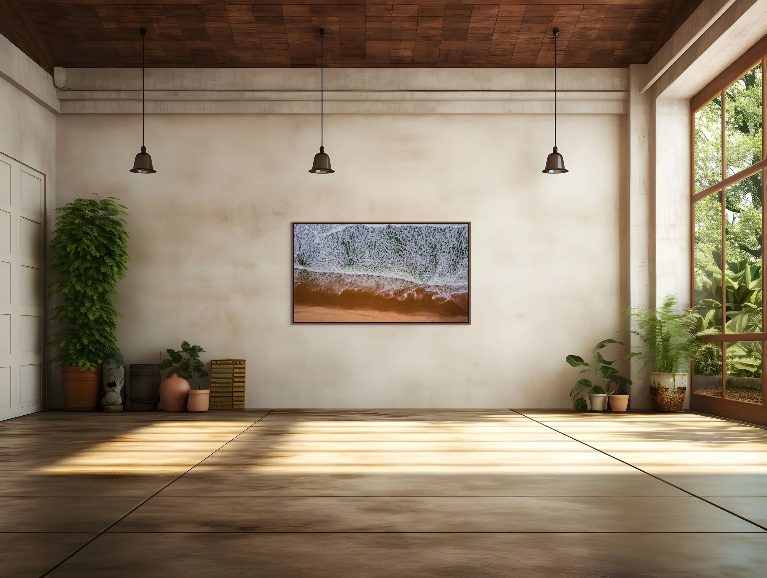 Atlantic Lace in a floating Walnut frame, displayed in a spacious studio with pendant lights, plants, and wood flooring.
