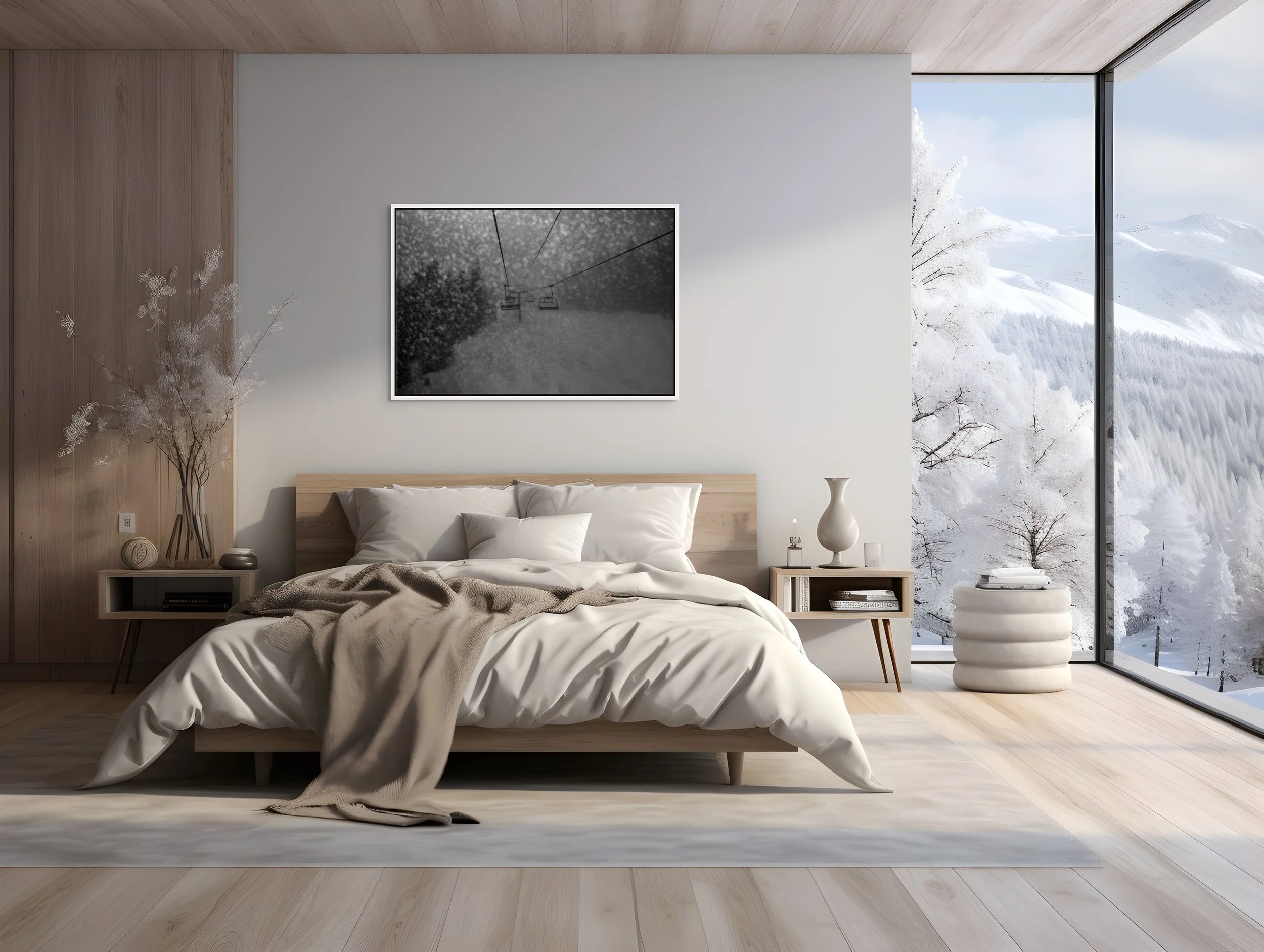 Into the Whiteout — ghostly lifts through snowfall, framed in white floating wood frame above a low bed in a sunlit alpine bedroom.