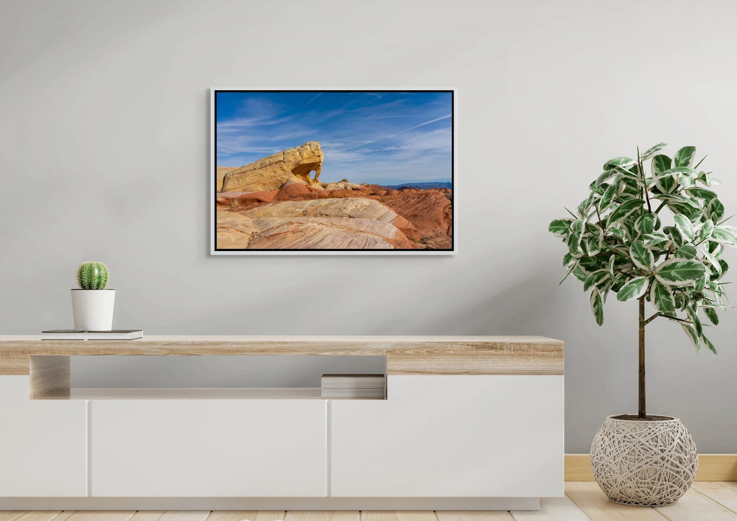 The Unmapped Eye in a floating White frame above a minimalist white sideboard with a potted plant on a light wall.
