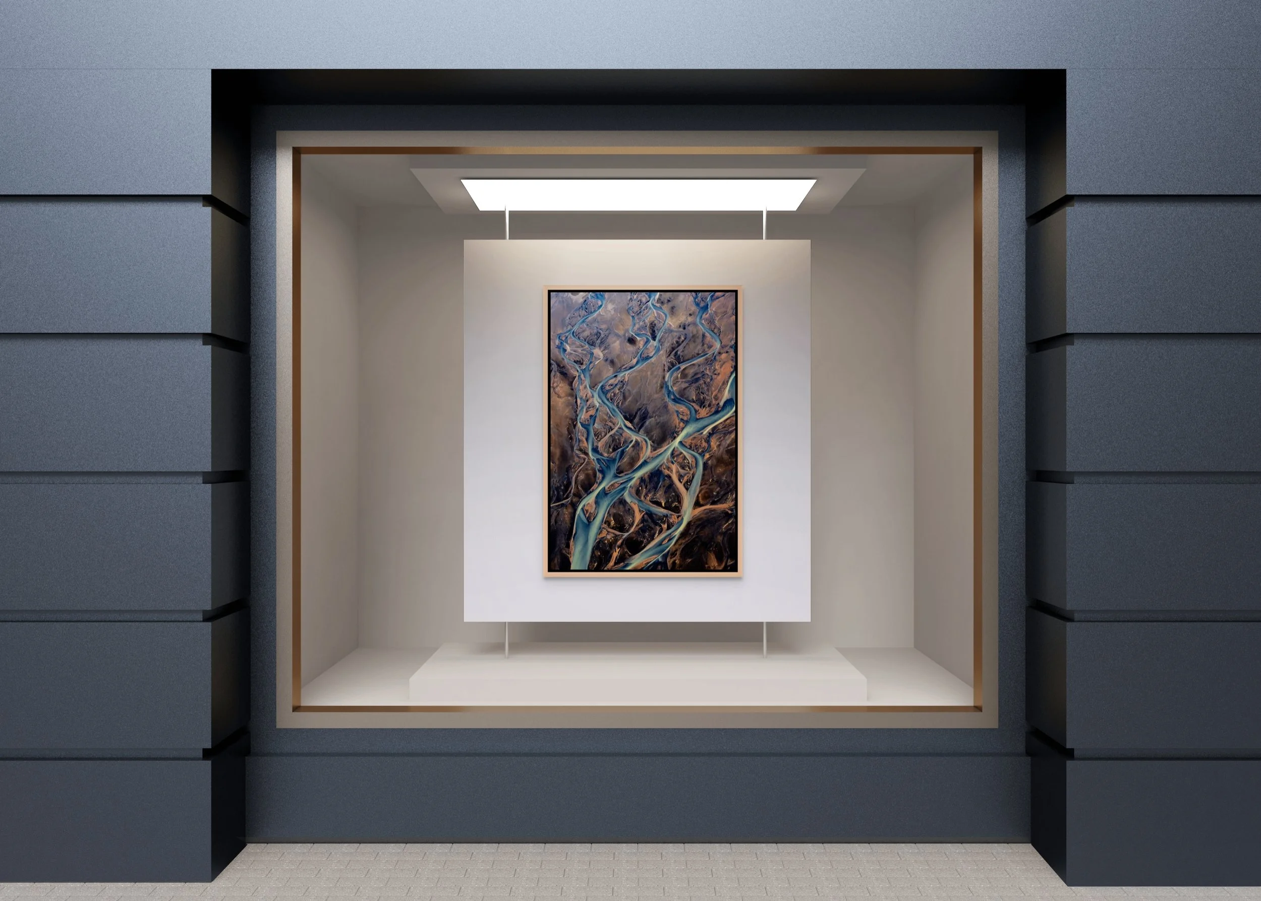 Fractured Veins in a floating Natural Oak frame, displayed in a minimalist gallery window/niche with soft, even lighting.