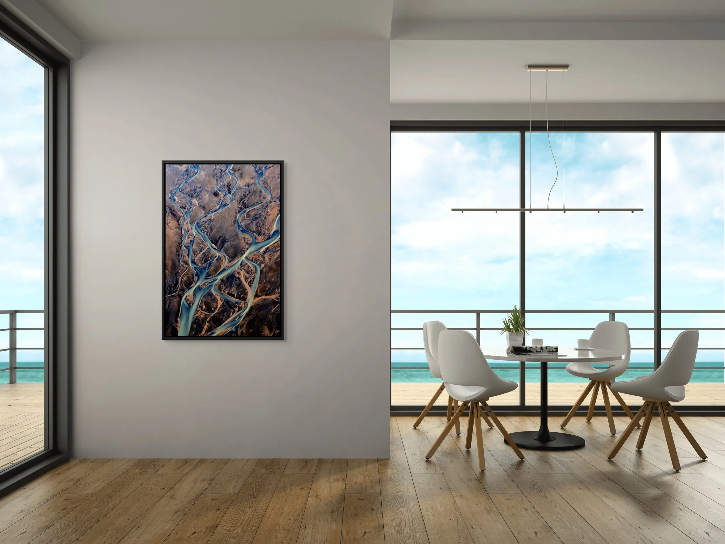 Fractured Veins in a floating Black frame, mounted on a clean wall in a dining/meeting space with large windows and soft daylight.