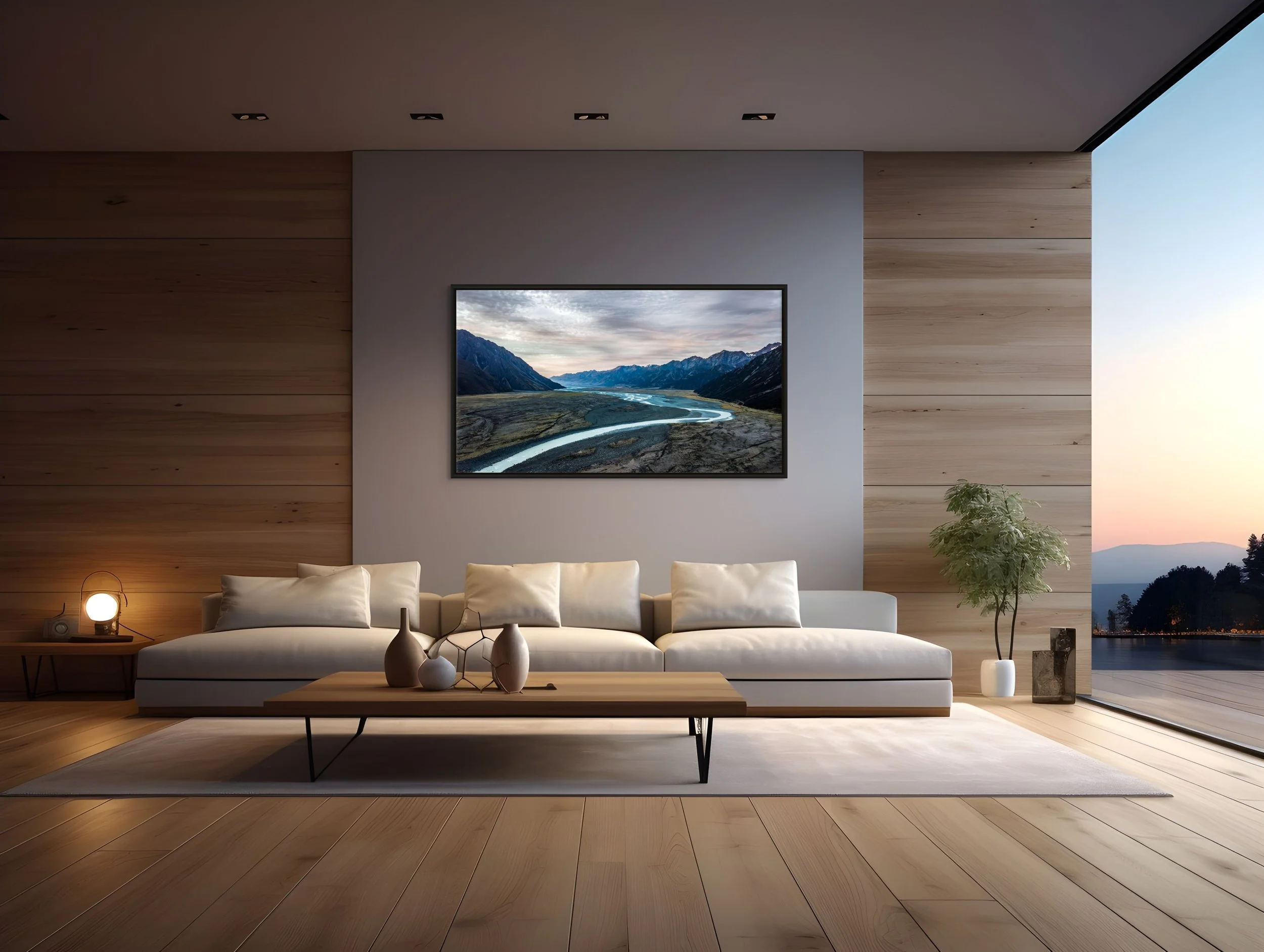 Quiet Between Giants in Black floating frame over a platform bed with a wood-panel accent wall.
