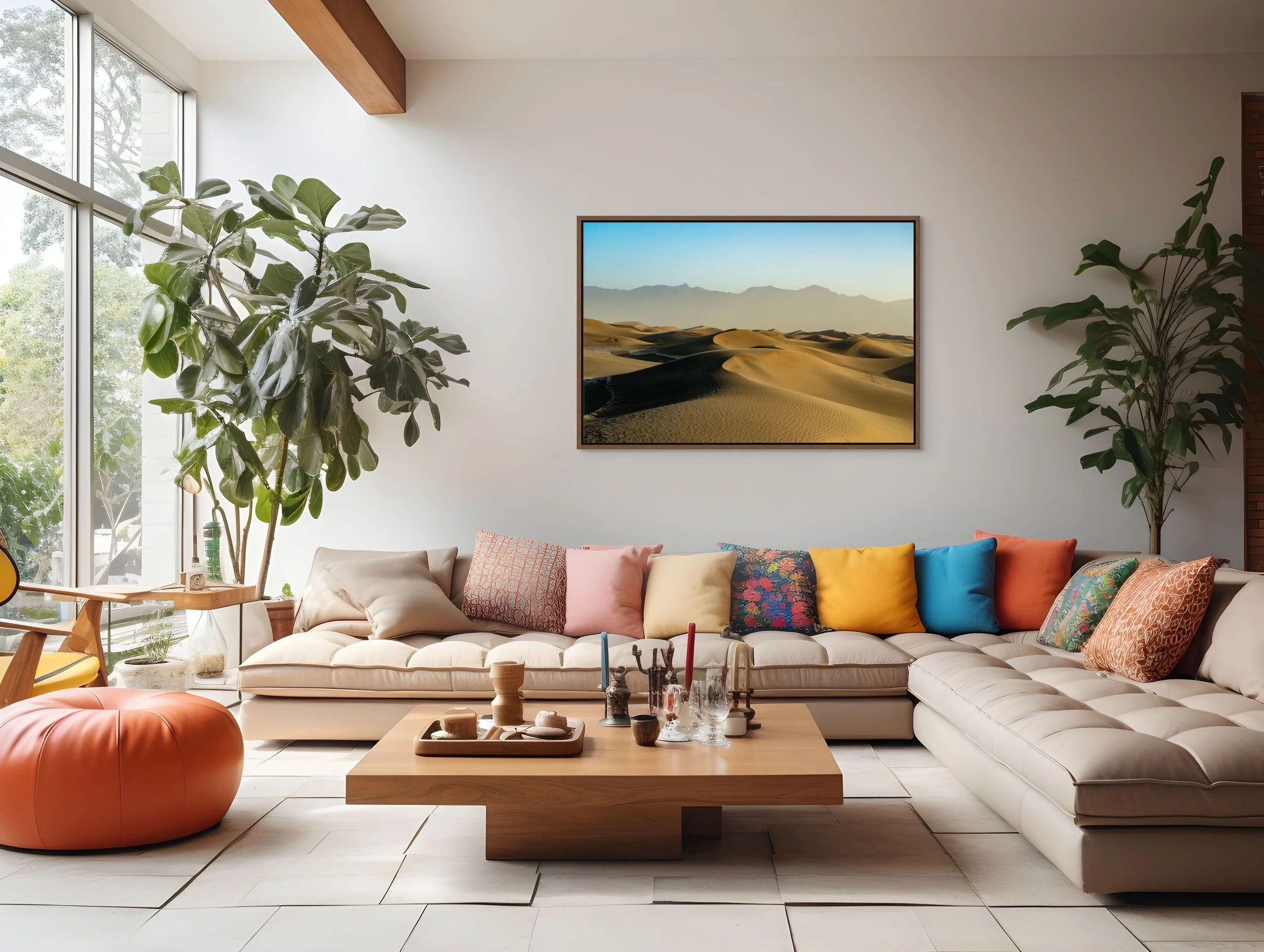 Where Shadows Rest — golden dunes at sunrise, framed in walnut floating wood frame in a sunlit living room with large windows, plants, and a modern sectional.