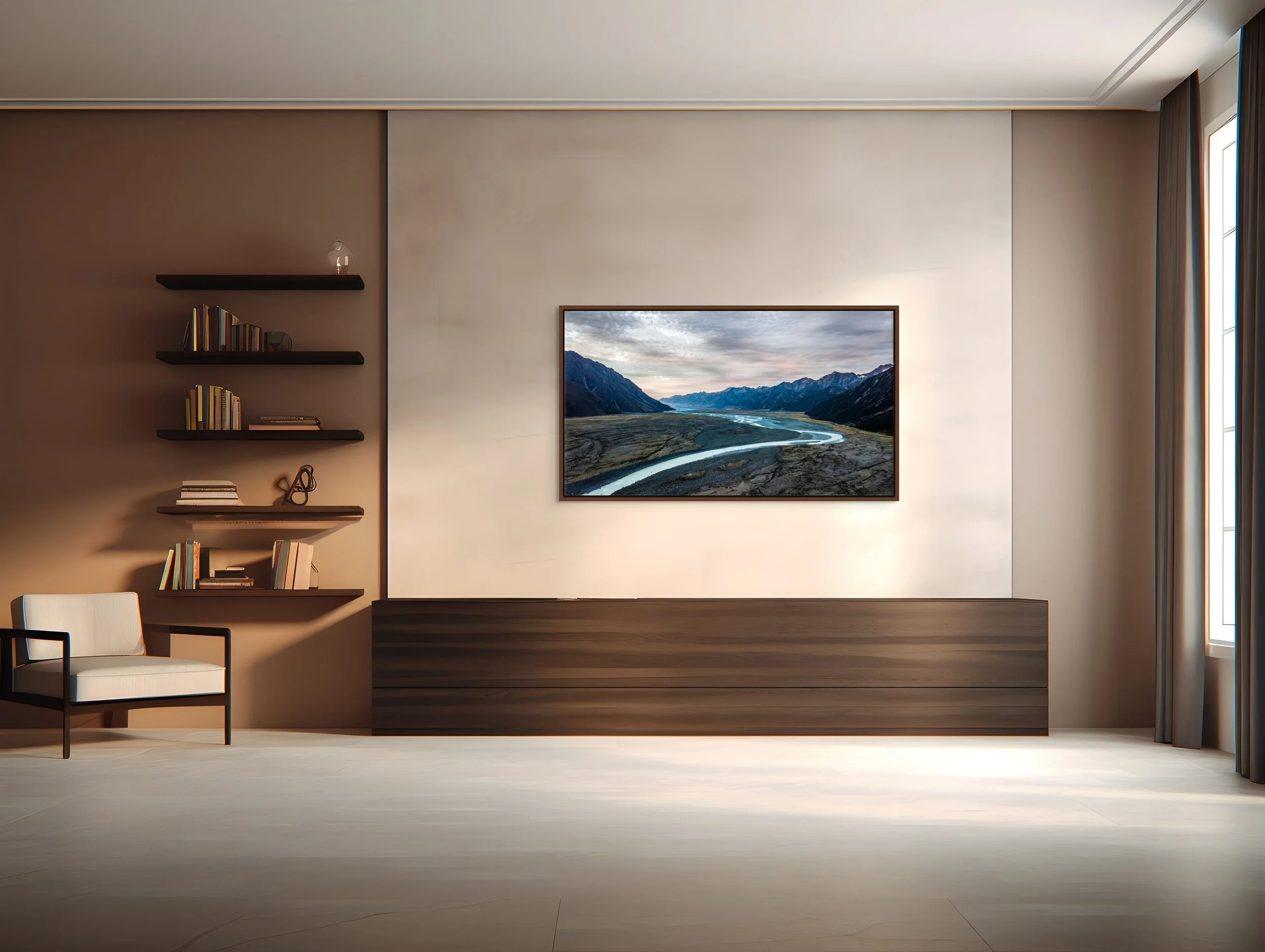 Quiet Between Giants in Alder Brown floating frame above a low shelf in a warm modern living room.