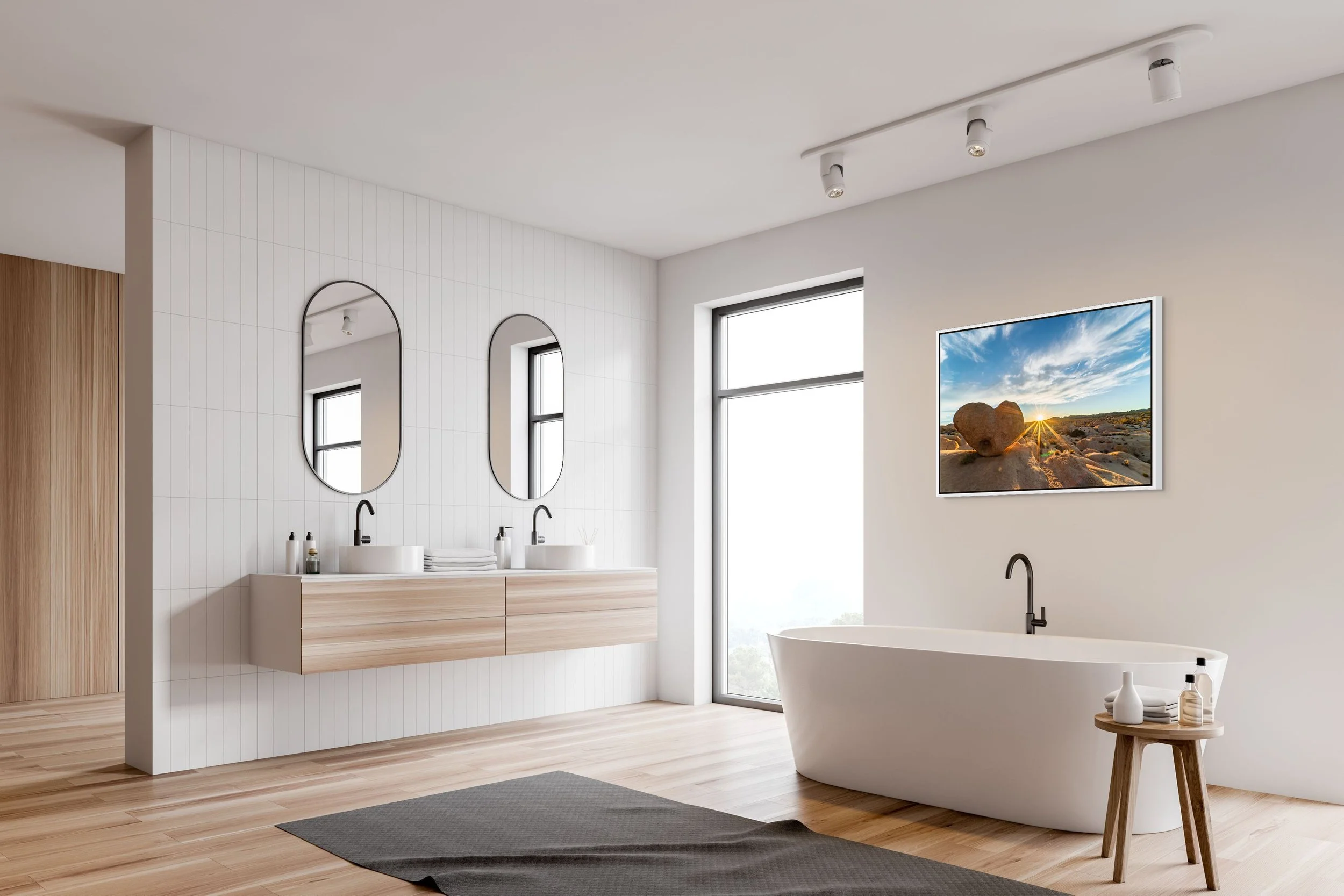 Heart of Gold — heart-shaped boulder at sunset, framed in white floating wood frame in a bright bathroom vanity setting.