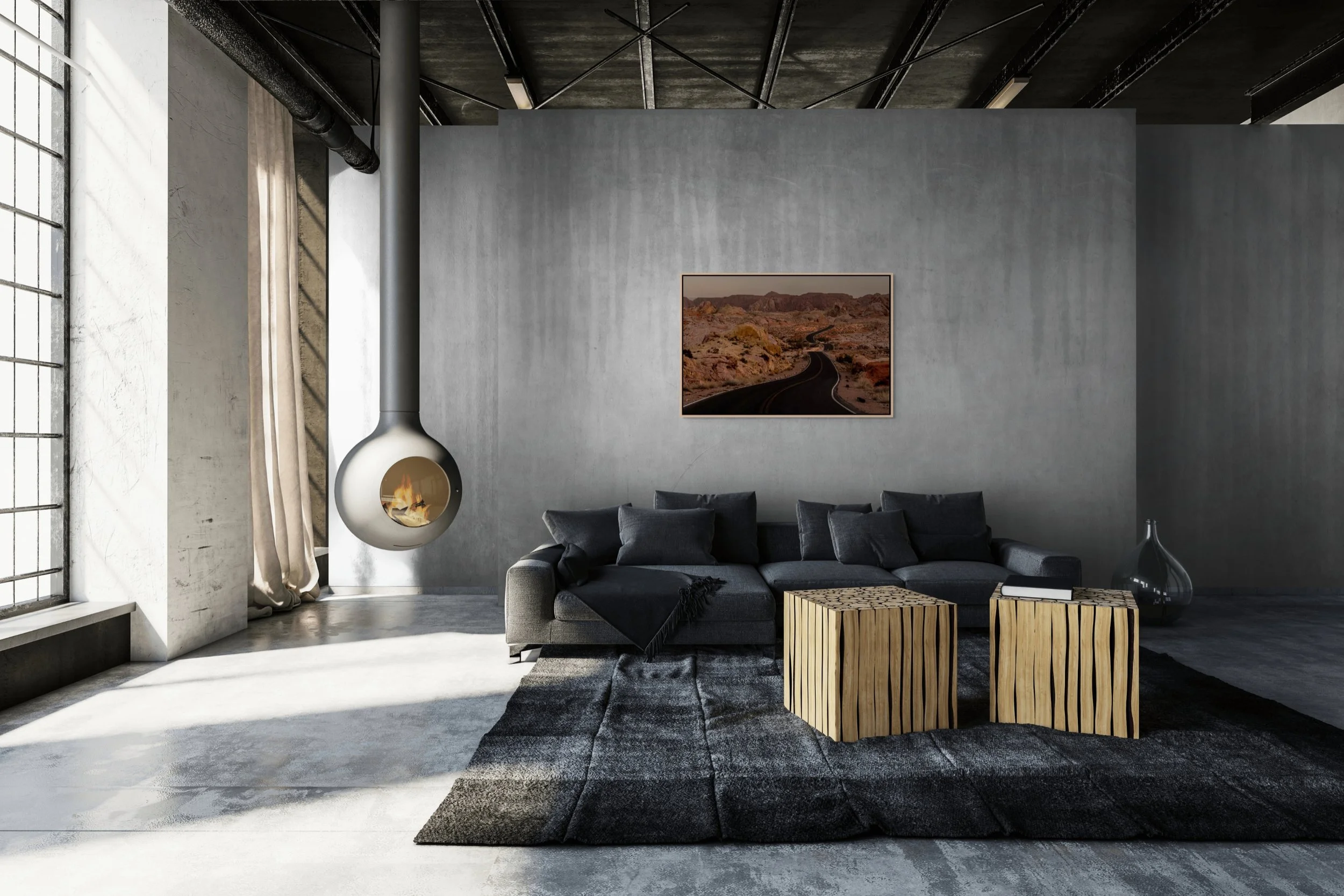 Beyond the Bend — framed in oak floating wood frame in an industrial loft lounge with concrete walls and low ottomans.