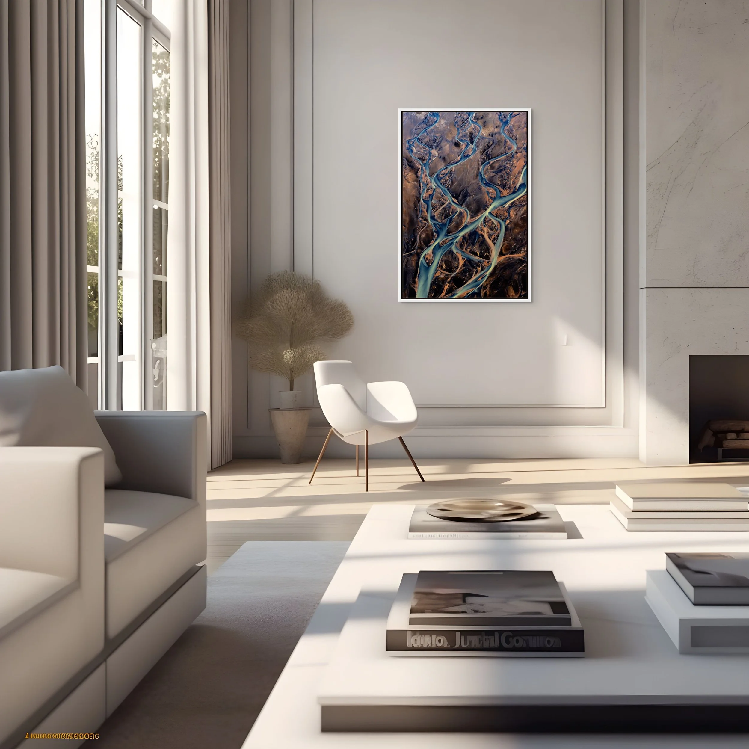 Fractured Veins in a floating White frame, featured in an airy, light-filled living space with tall windows and neutral tones.