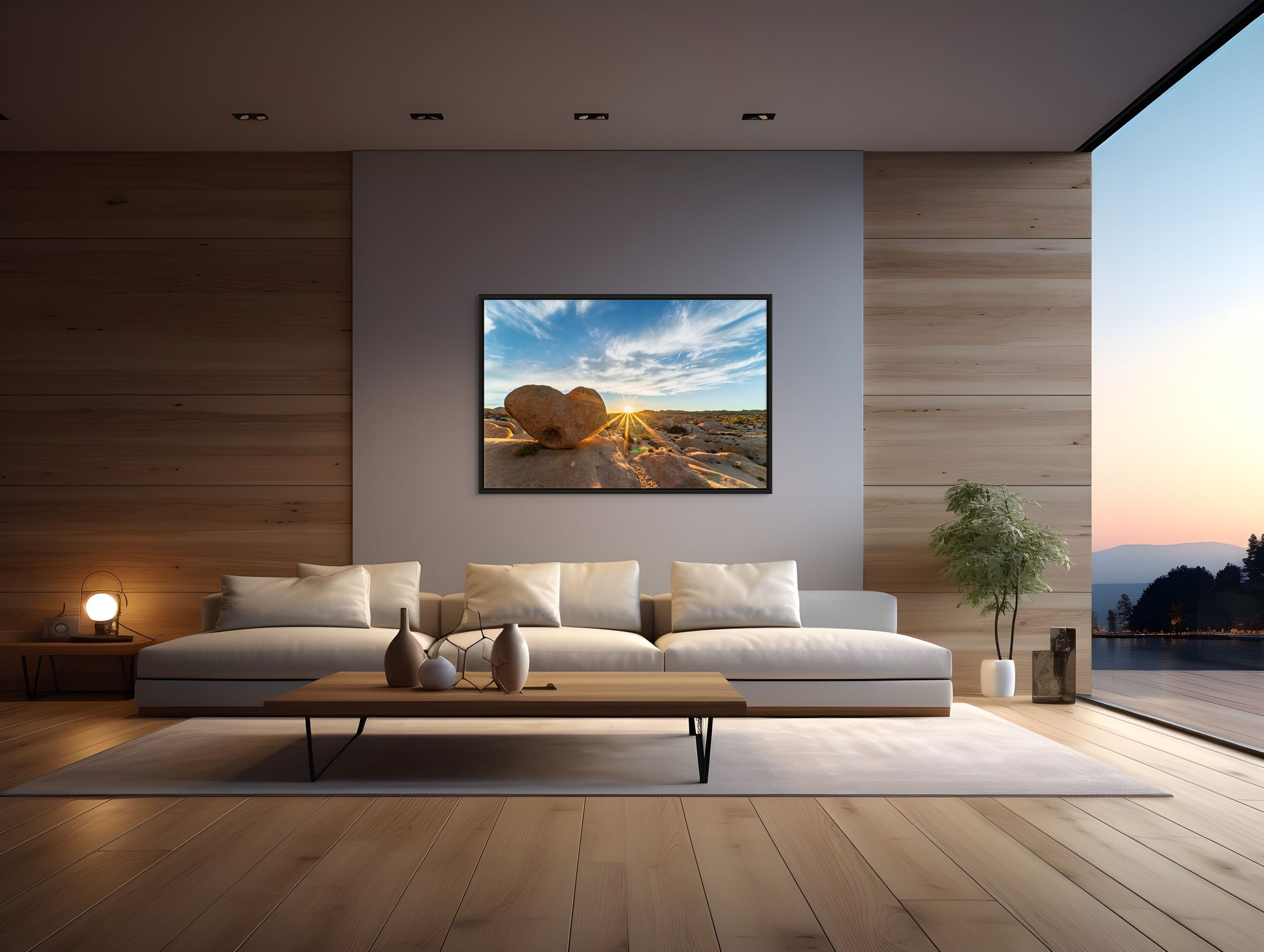 Heart of Gold — heart-shaped boulder at sunset, framed in black floating wood frame in a minimalist bedroom.