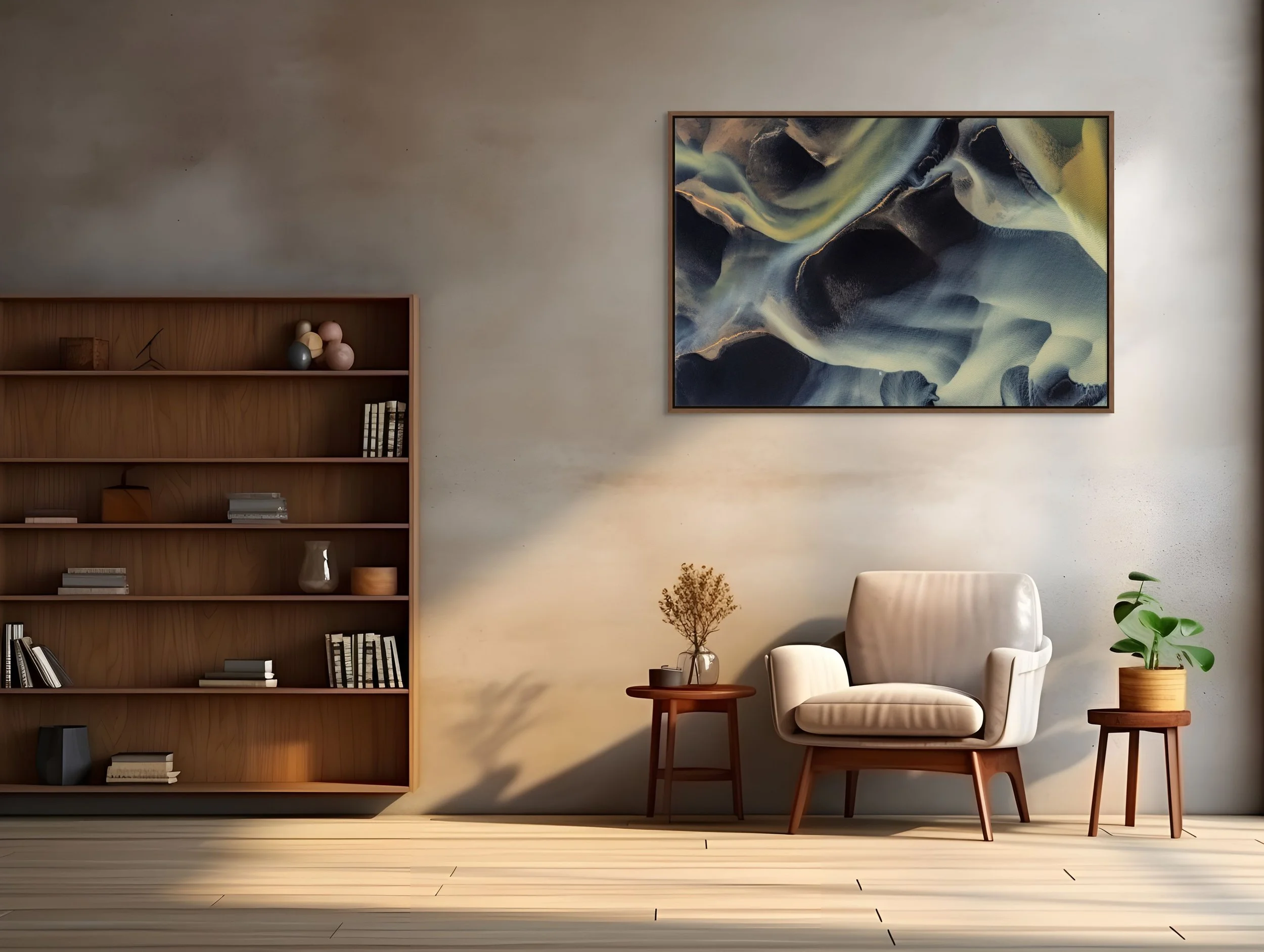Framed in Walnut — River of Shadows above wooden shelving in a warm living space.
