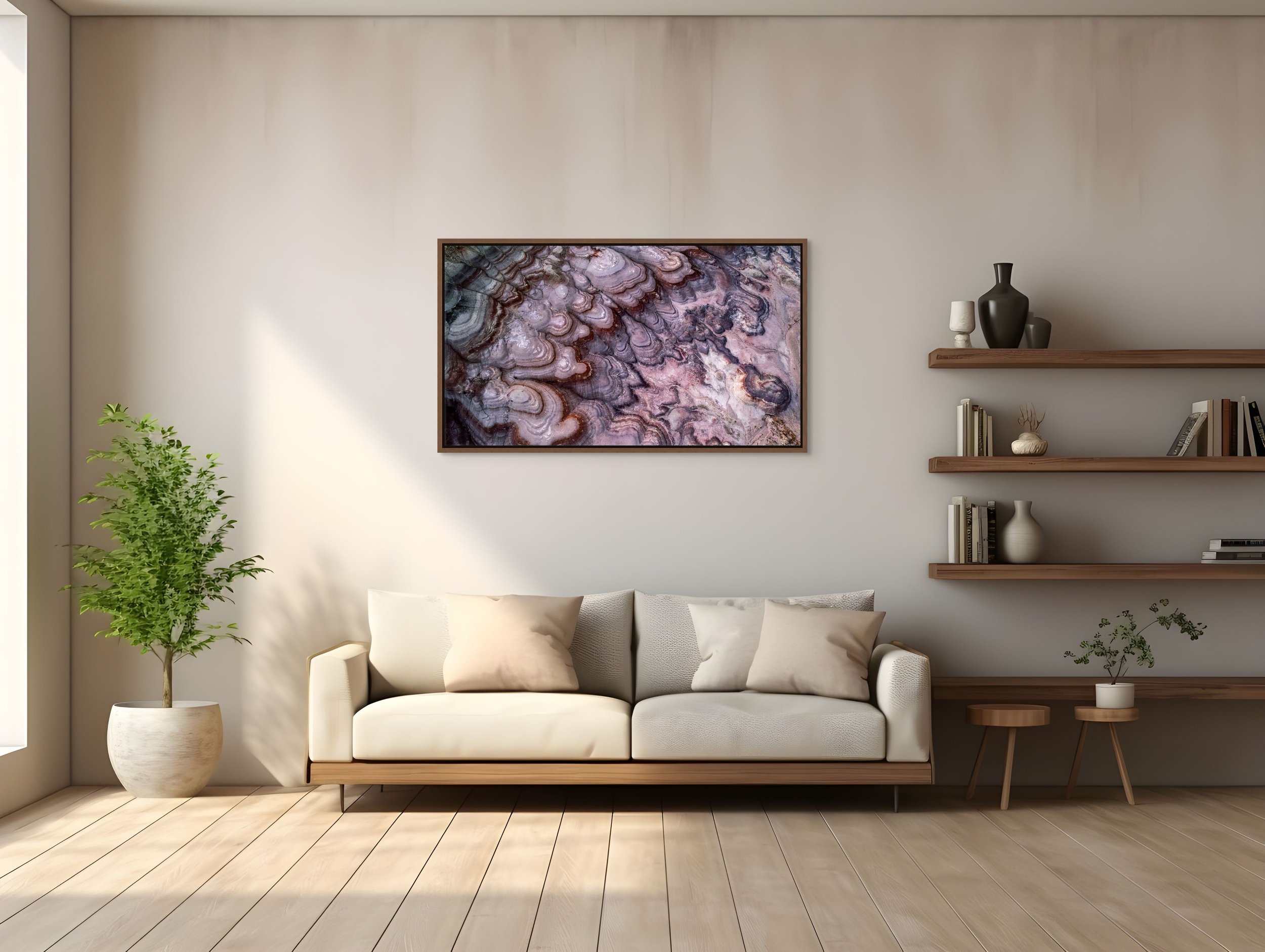 Layers of Time framed in floating wood — walnut; cozy living room with sofa, shelving, and plants.