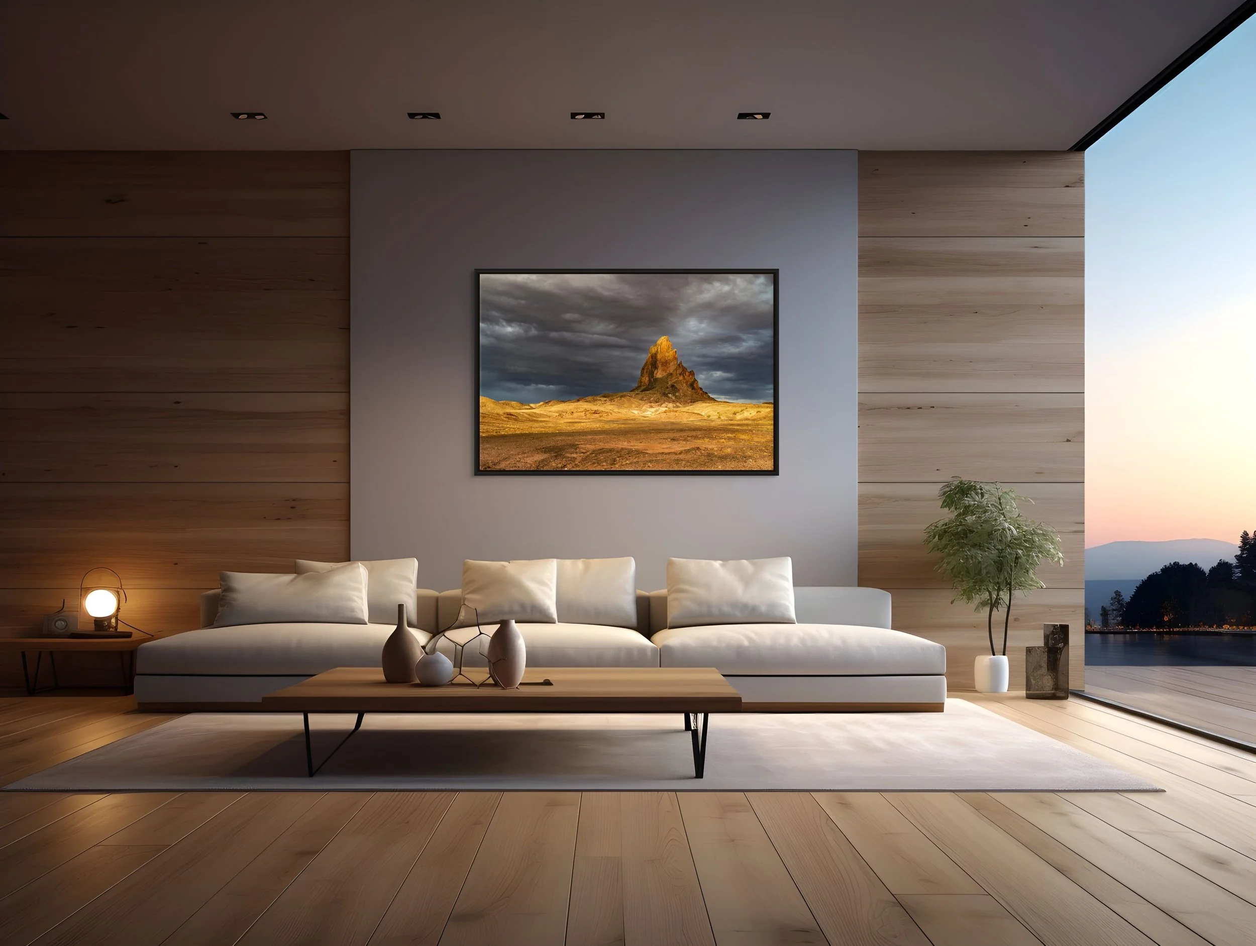 Sentinel of Stone in a floating Black frame, above a modern sofa in a sunset-lit room with a wood-panel feature wall.