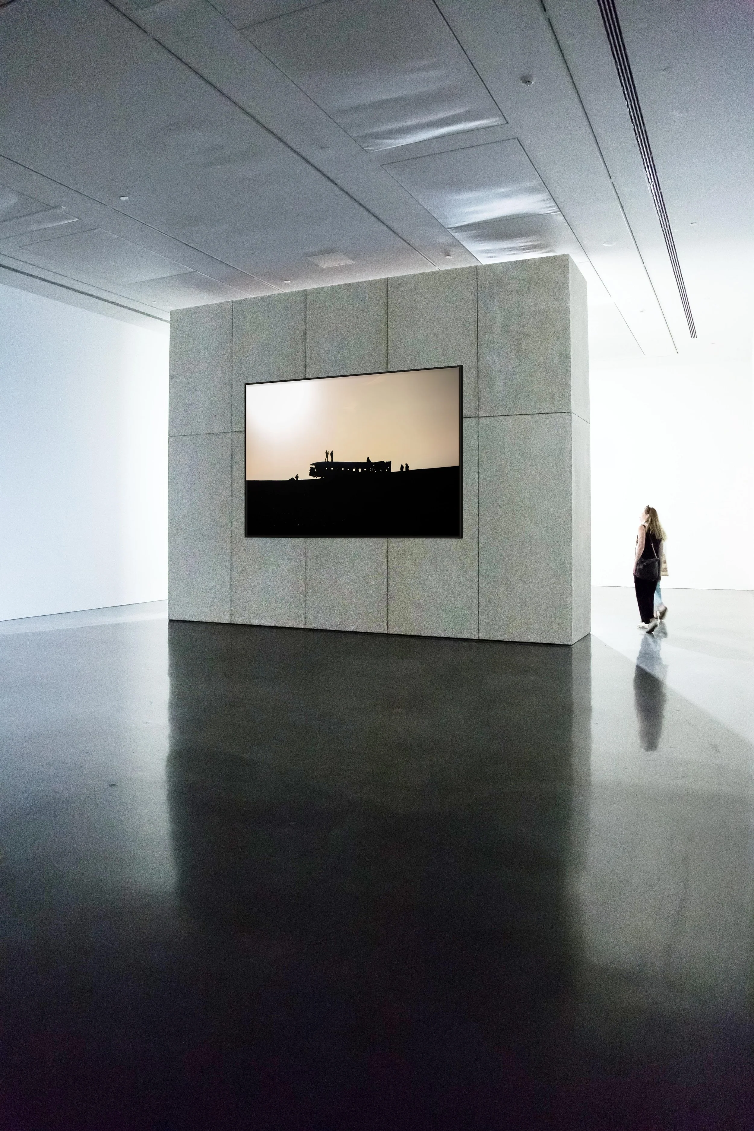 Echoes in the Wreck — DC-3 wreck silhouettes on Iceland’s black-sand plain; framed in black floating wood frame in a museum-style gallery with tall white walls and polished concrete floor.