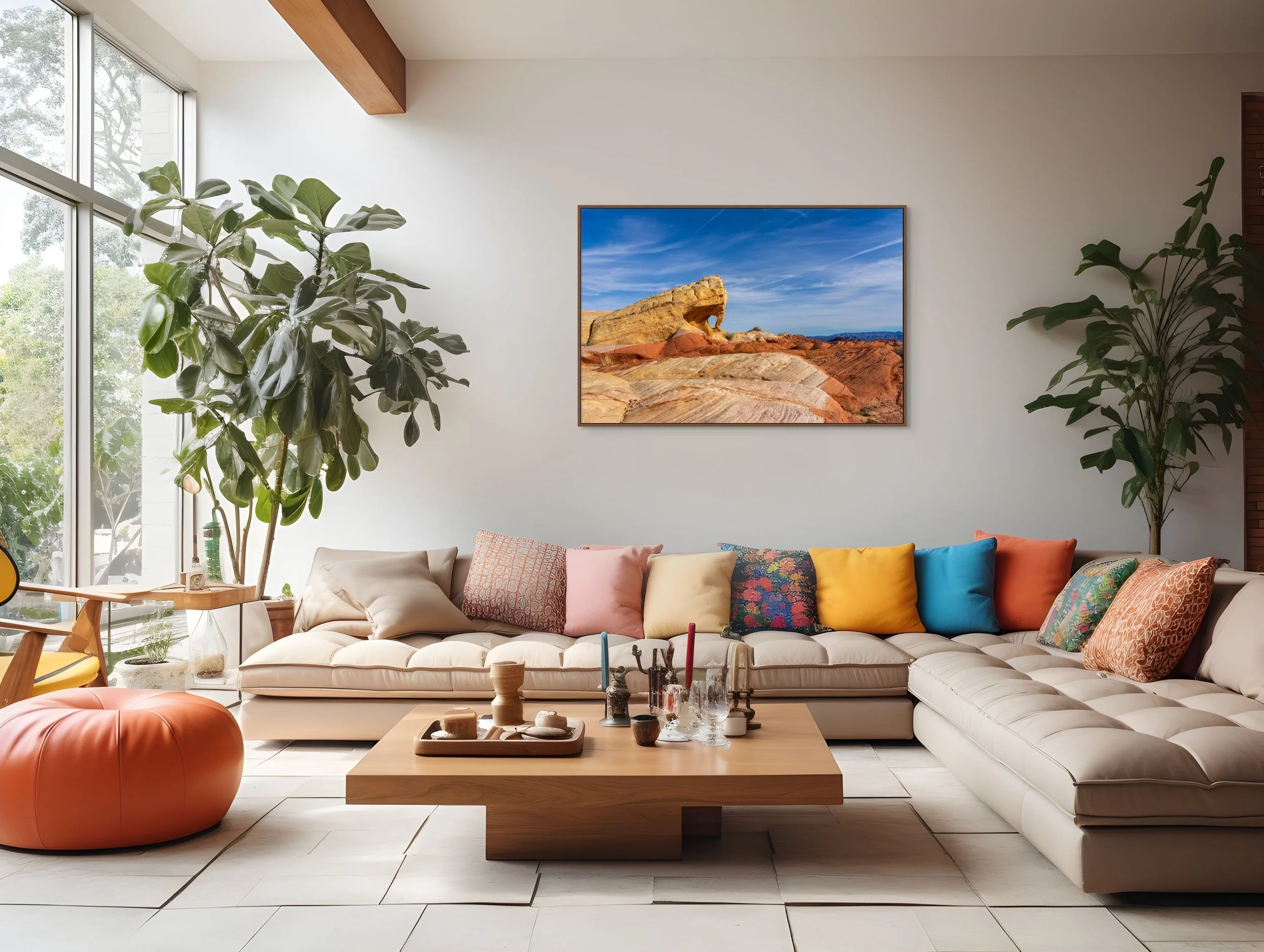 The Unmapped Eye in a floating Walnut frame in a bright living room with large windows, plants, and a sectional.