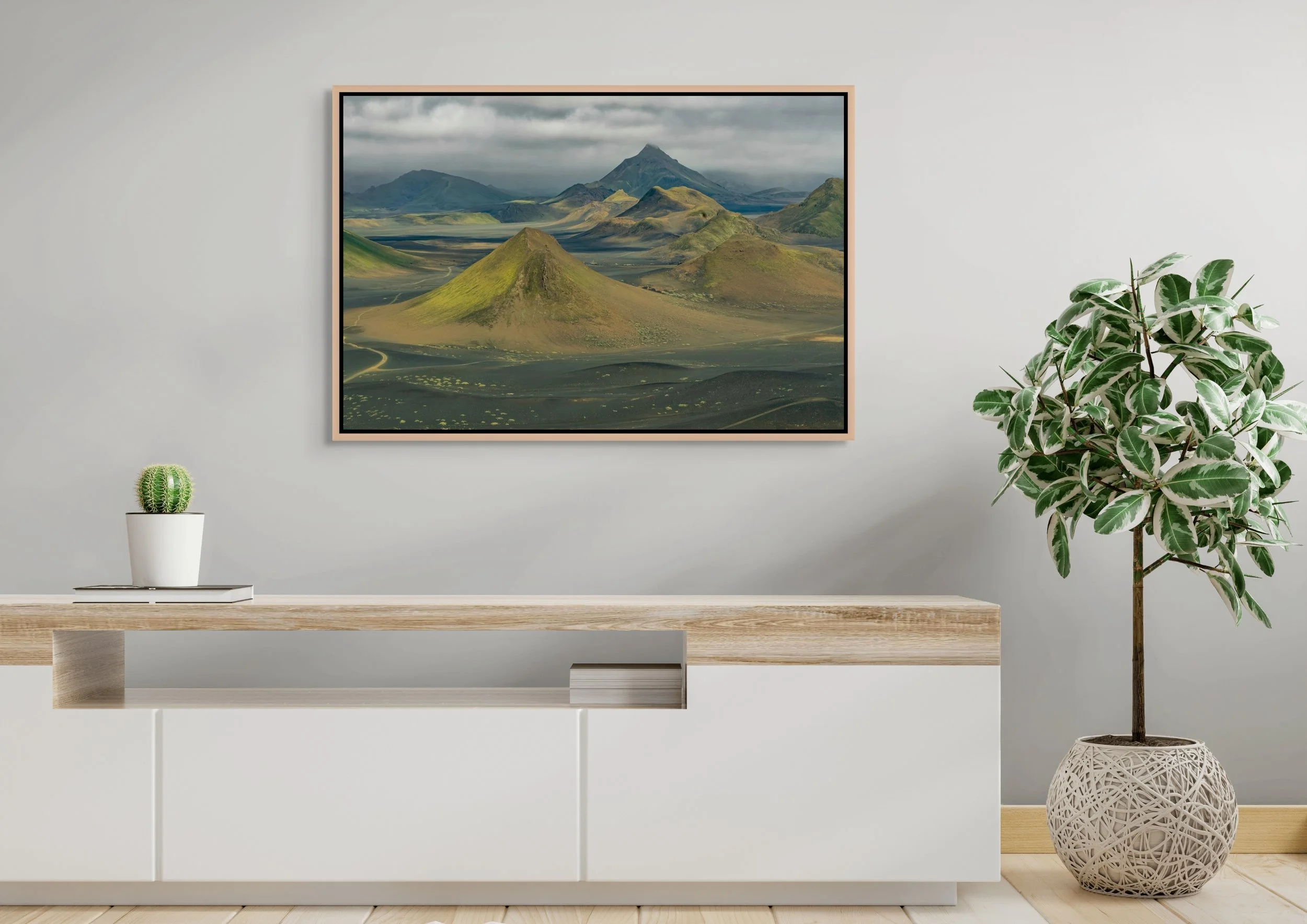 Where Earth Dreams in a floating Natural Oak frame, mounted above a white sideboard with a tall indoor plant.